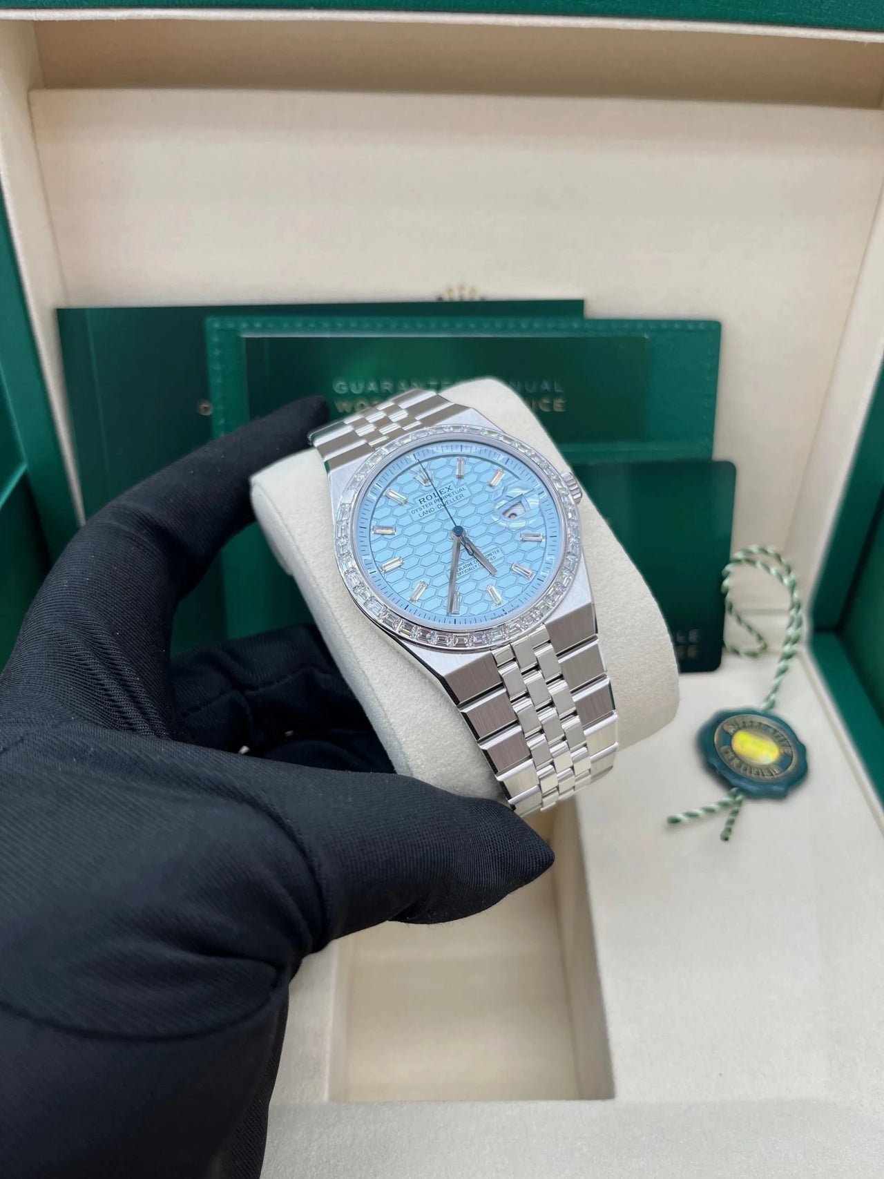 Rolex Land - Dweller 40 Platinum | Blue Dial Baguette Bezel (Ref 127386TBR) - WatchesOff5thWristwatch