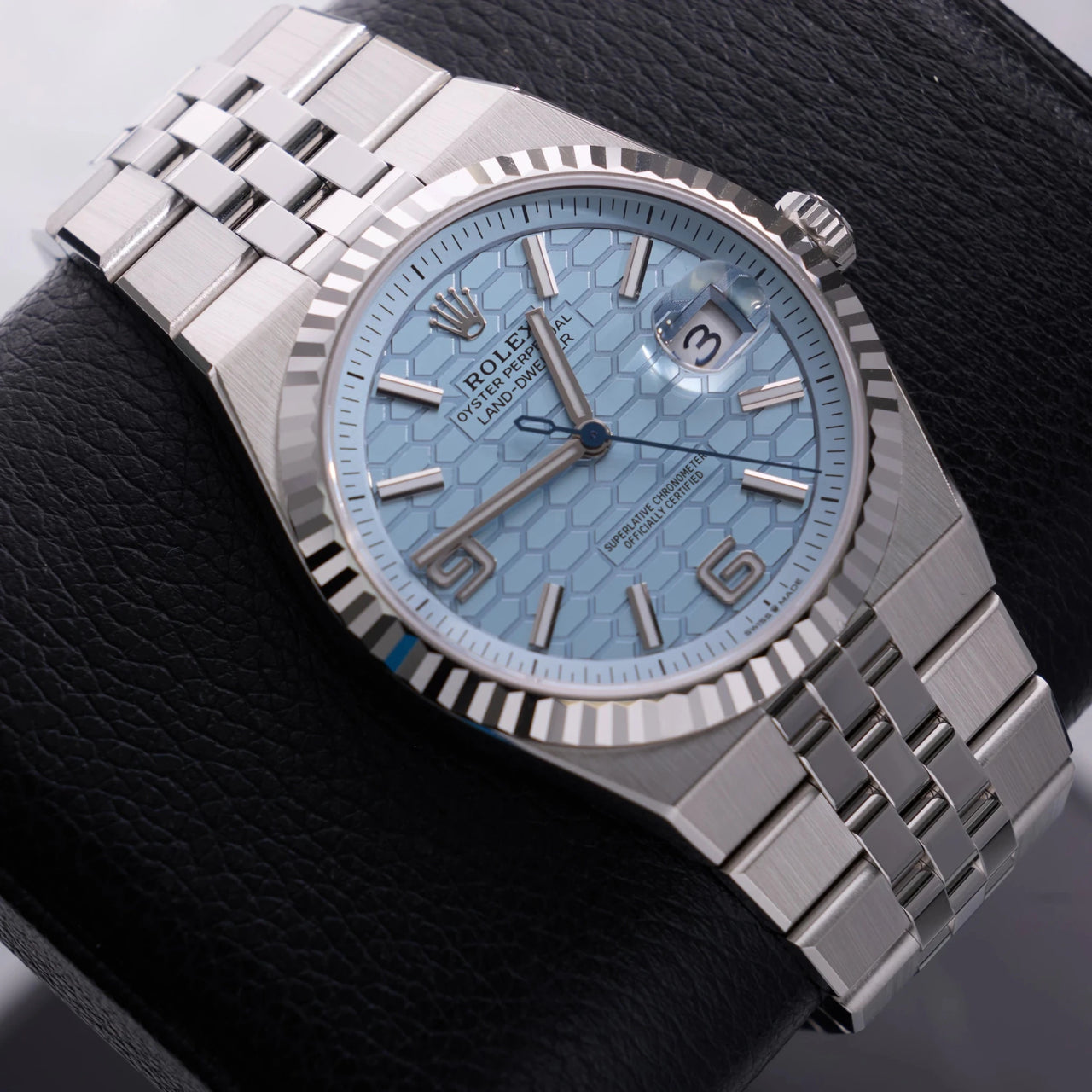 Rolex Land-Dweller 40mm Platinum Ice Blue Honeycomb Dial Fluted Bezel Flat Jubilee Bracelet (Ref 127336) - WatchesOff5thWristwatch