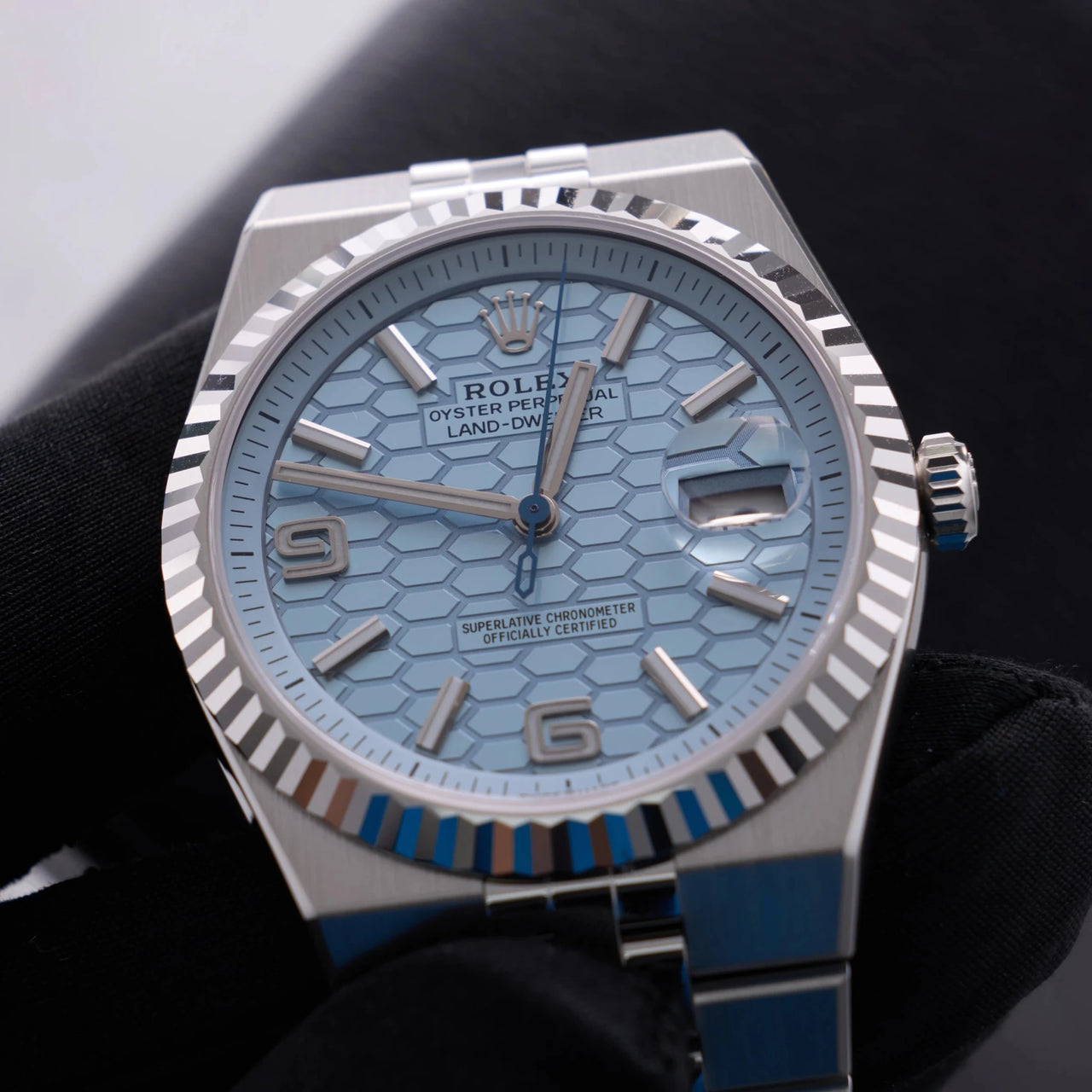 Rolex Land-Dweller 40mm Platinum Ice Blue Honeycomb Dial Fluted Bezel Flat Jubilee Bracelet (Ref 127336) - WatchesOff5thWristwatch