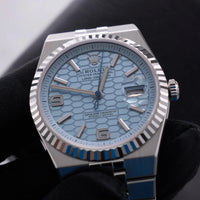 Thumbnail for Rolex Land-Dweller 40mm Platinum Ice Blue Honeycomb Dial Fluted Bezel Flat Jubilee Bracelet (Ref 127336) - WatchesOff5thWristwatch