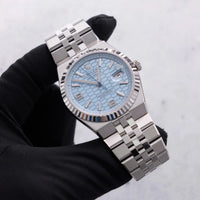 Thumbnail for Rolex Land-Dweller 40mm Platinum Ice Blue Honeycomb Dial Fluted Bezel Flat Jubilee Bracelet (Ref 127336) - WatchesOff5thWristwatch