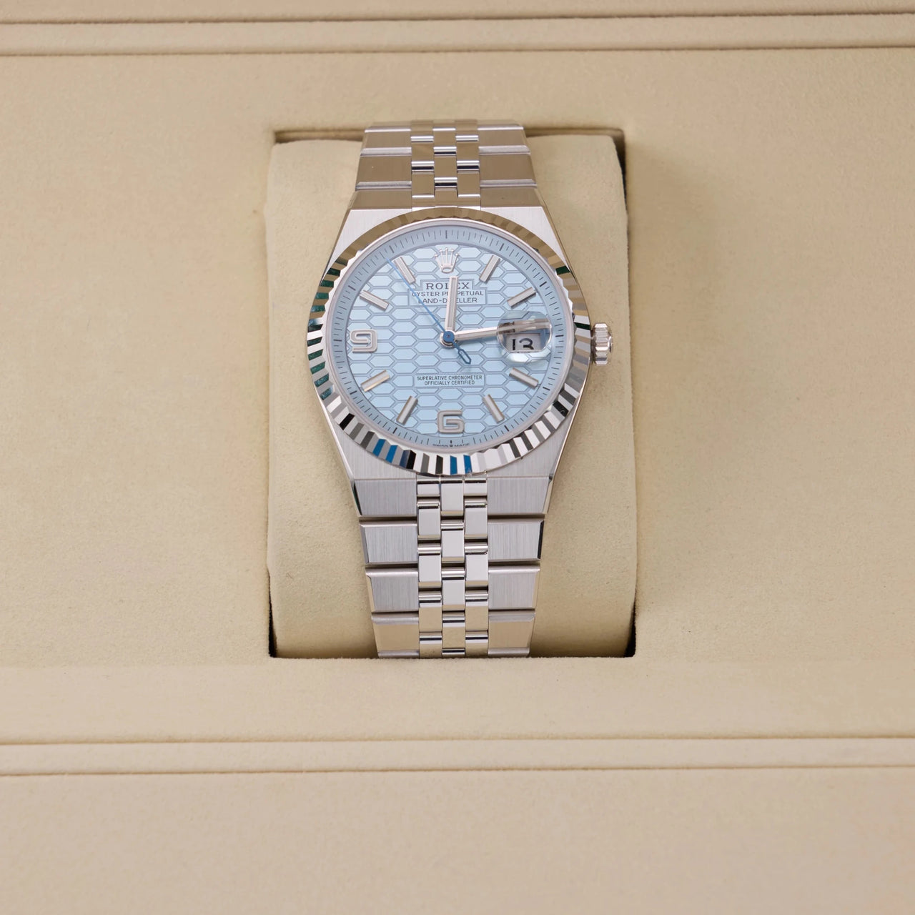 Rolex Land-Dweller 40mm Platinum Ice Blue Honeycomb Dial Fluted Bezel Flat Jubilee Bracelet (Ref 127336) - WatchesOff5thWristwatch