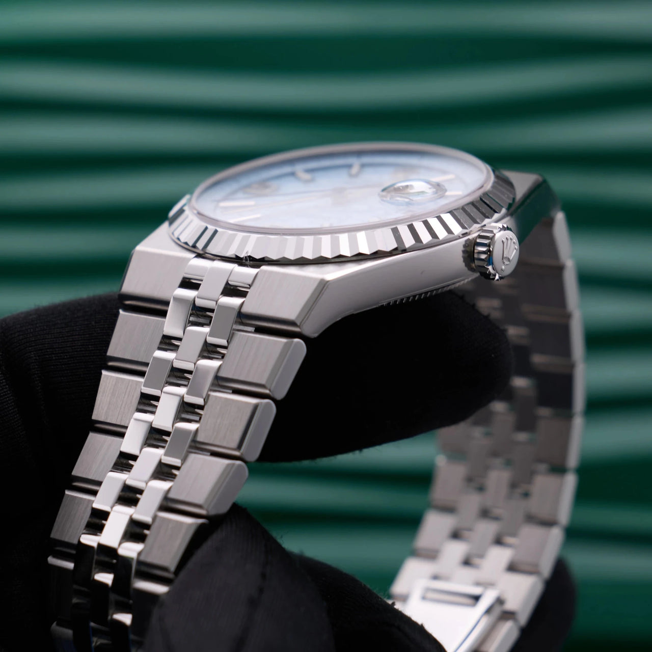 Rolex Land-Dweller 40mm Platinum Ice Blue Honeycomb Dial Fluted Bezel Flat Jubilee Bracelet (Ref 127336) - WatchesOff5thWristwatch