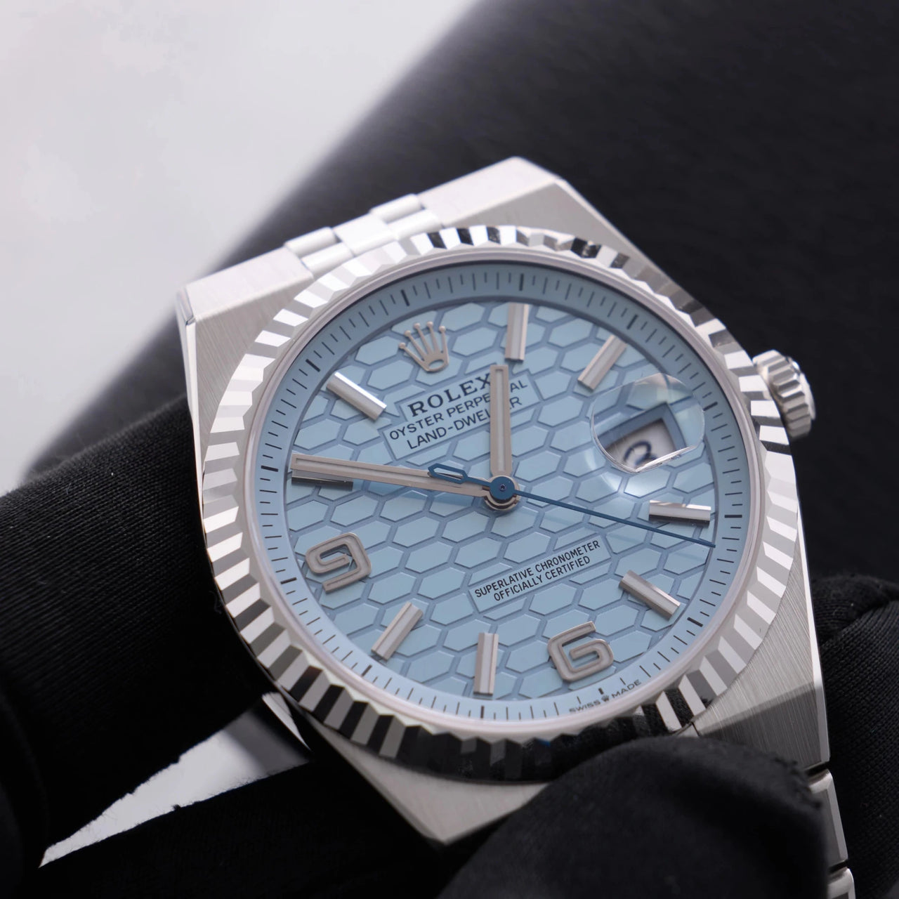 Rolex Land-Dweller 40mm Platinum Ice Blue Honeycomb Dial Fluted Bezel Flat Jubilee Bracelet (Ref 127336) - WatchesOff5thWristwatch