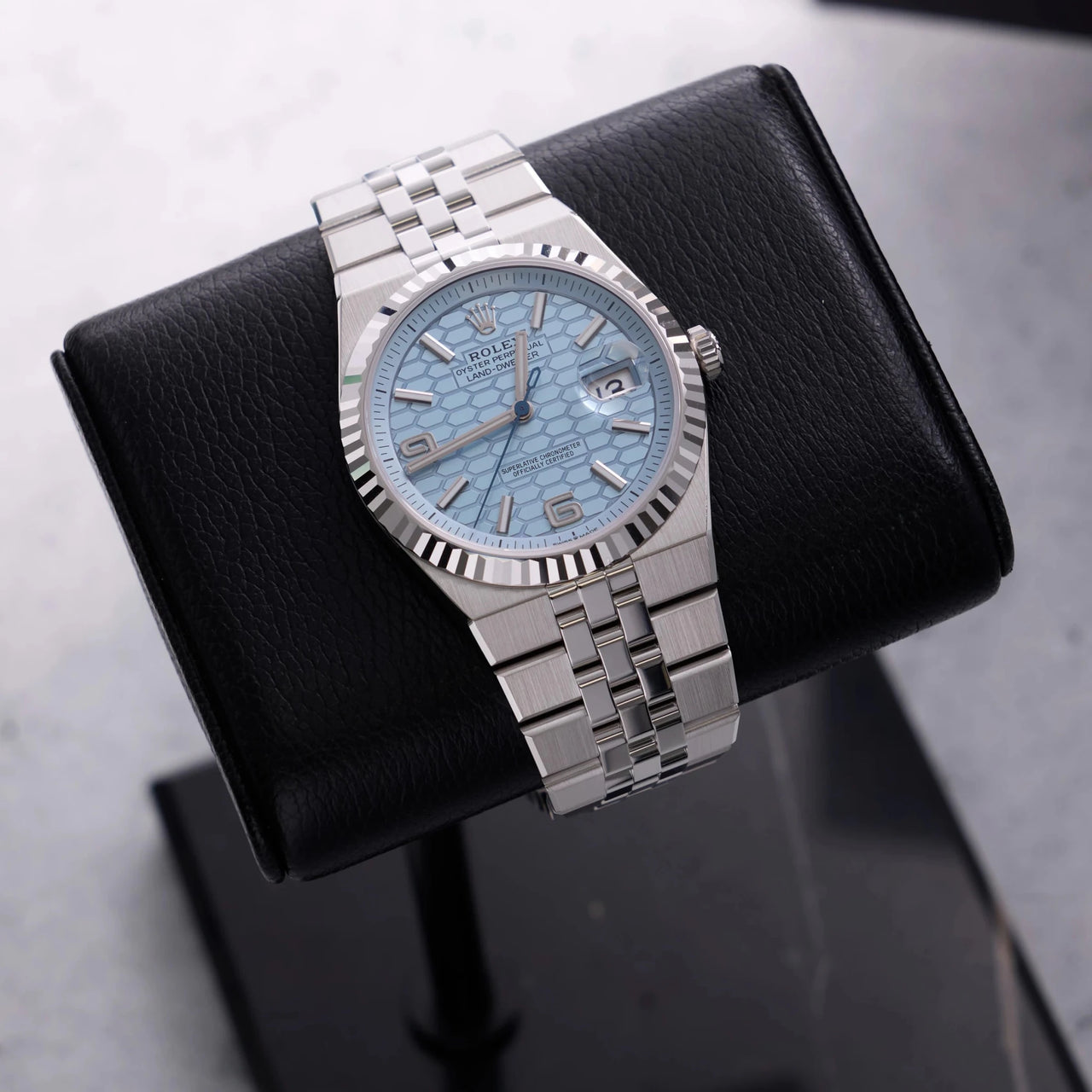 Rolex Land-Dweller 40mm Platinum Ice Blue Honeycomb Dial Fluted Bezel Flat Jubilee Bracelet (Ref 127336) - WatchesOff5thWristwatch