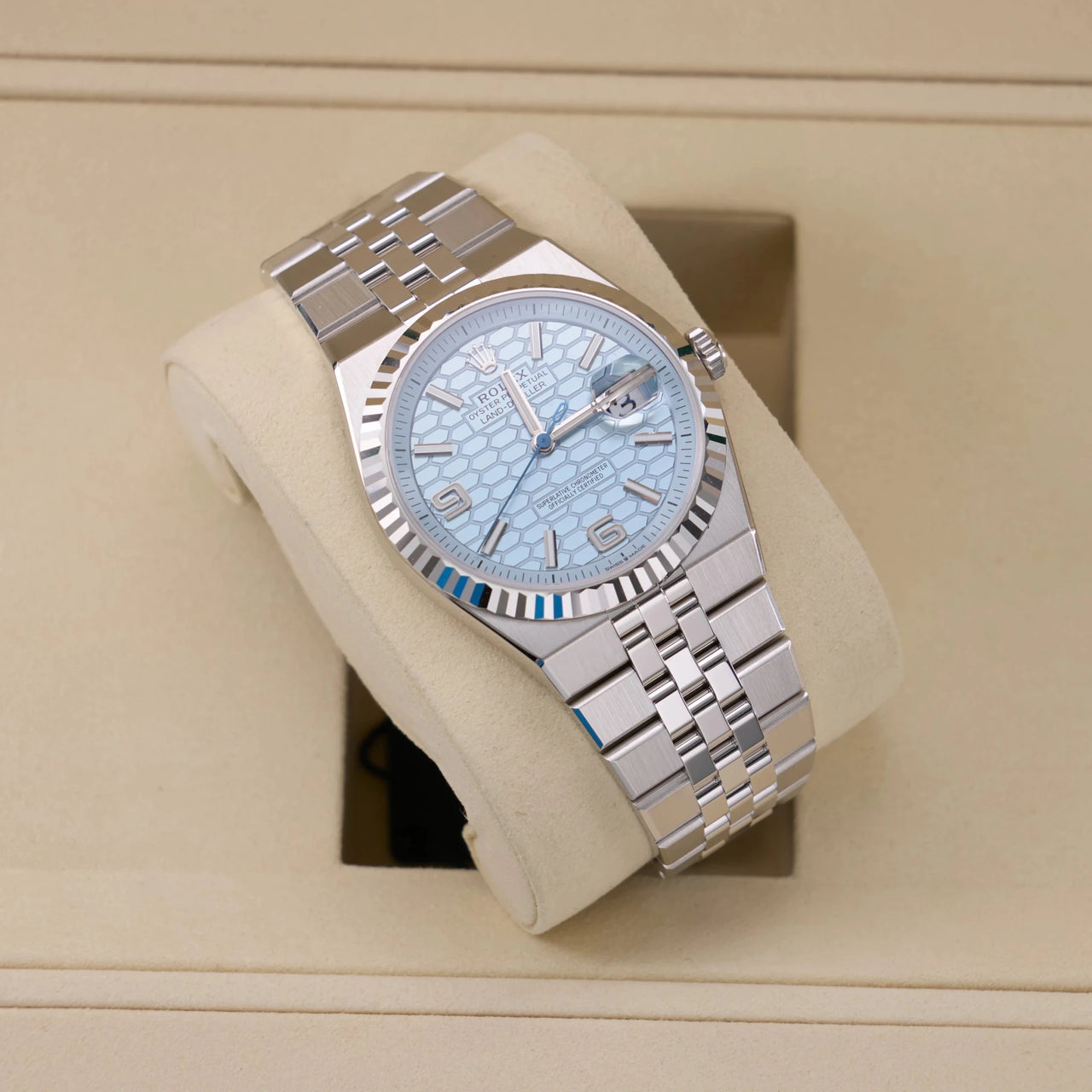 Rolex Land-Dweller 40mm Platinum Ice Blue Honeycomb Dial Fluted Bezel Flat Jubilee Bracelet (Ref 127336) - WatchesOff5thWristwatch