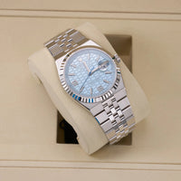 Thumbnail for Rolex Land-Dweller 40mm Platinum Ice Blue Honeycomb Dial Fluted Bezel Flat Jubilee Bracelet (Ref 127336) - WatchesOff5thWristwatch