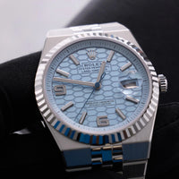 Thumbnail for Rolex Land-Dweller 40mm Platinum Ice Blue Honeycomb Dial Fluted Bezel Flat Jubilee Bracelet (Ref 127336) - WatchesOff5thWristwatch