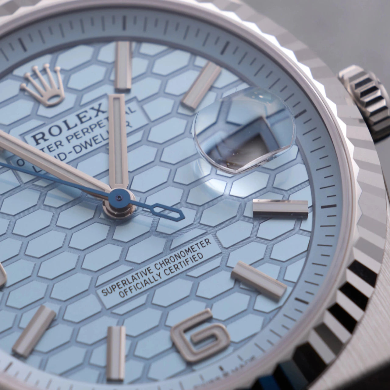 Rolex Land-Dweller 40mm Platinum Ice Blue Honeycomb Dial Fluted Bezel Flat Jubilee Bracelet (Ref 127336) - WatchesOff5thWristwatch