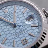Thumbnail for Rolex Land-Dweller 40mm Platinum Ice Blue Honeycomb Dial Fluted Bezel Flat Jubilee Bracelet (Ref 127336) - WatchesOff5thWristwatch