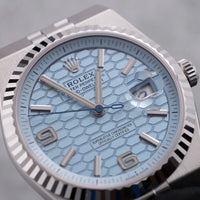 Thumbnail for Rolex Land-Dweller 40mm Platinum Ice Blue Honeycomb Dial Fluted Bezel Flat Jubilee Bracelet (Ref 127336) - WatchesOff5thWristwatch