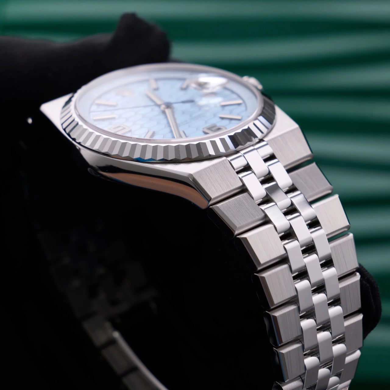 Rolex Land-Dweller 40mm Platinum Ice Blue Honeycomb Dial Fluted Bezel Flat Jubilee Bracelet (Ref 127336) - WatchesOff5thWristwatch