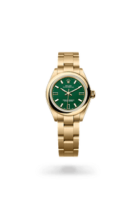 Thumbnail for Rolex Oyster Perpetual 28mm Yellow Gold Green Stone Dial Domed Bezel Oyster Bracelet 2026 New Release (Ref 276208 - 0002) - WatchesOff5thWatch
