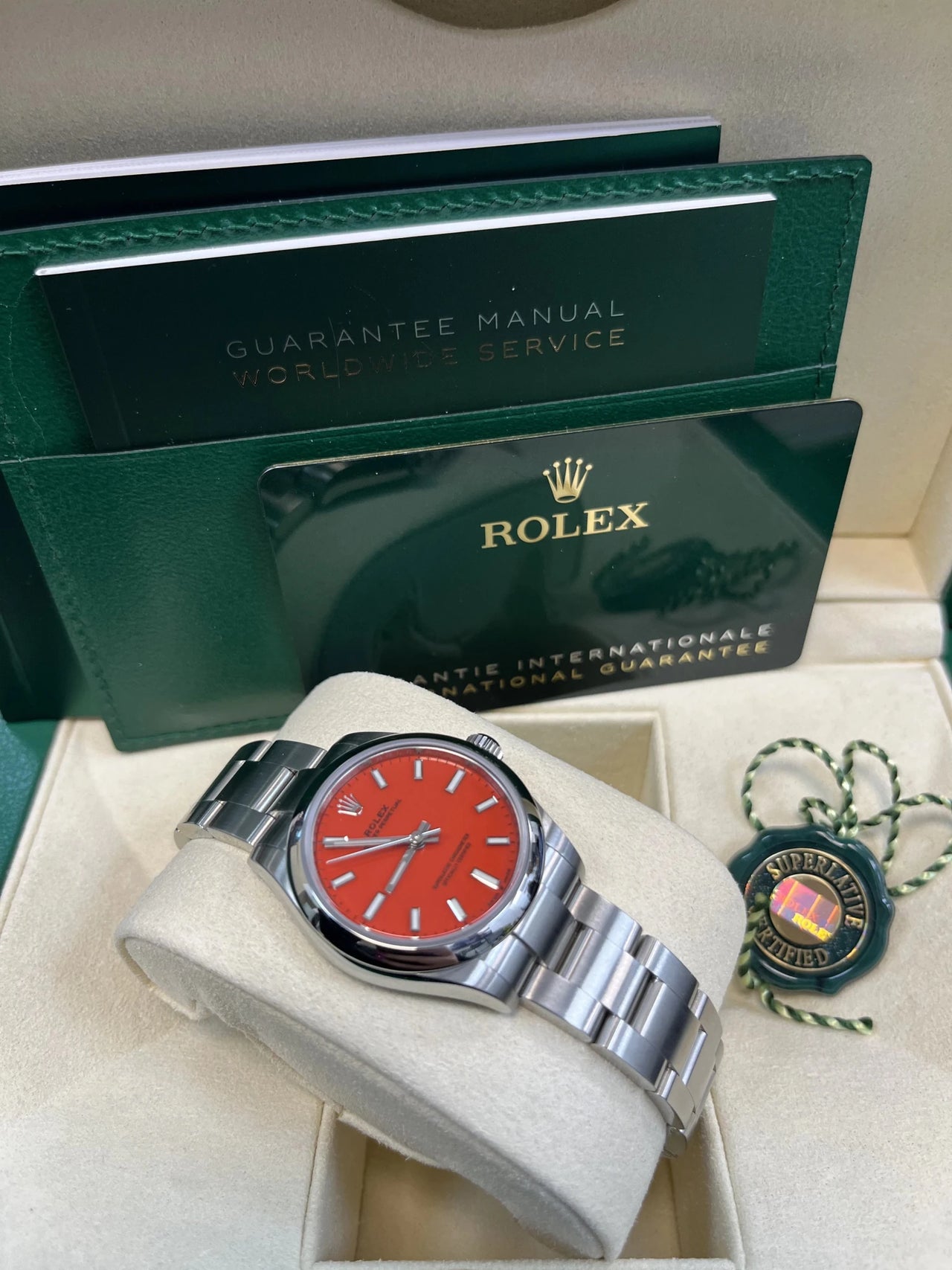 Rolex Oyster Perpetual 31 Oystersteel Coral Red Dial Domed Bezel (Ref 277200) - WatchesOff5thWatch