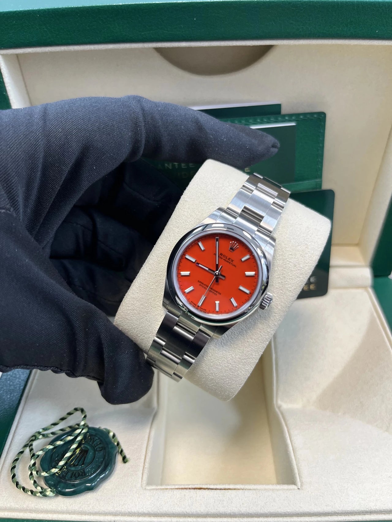 Rolex Oyster Perpetual 31 Oystersteel Coral Red Dial Domed Bezel (Ref 277200) - WatchesOff5thWatch