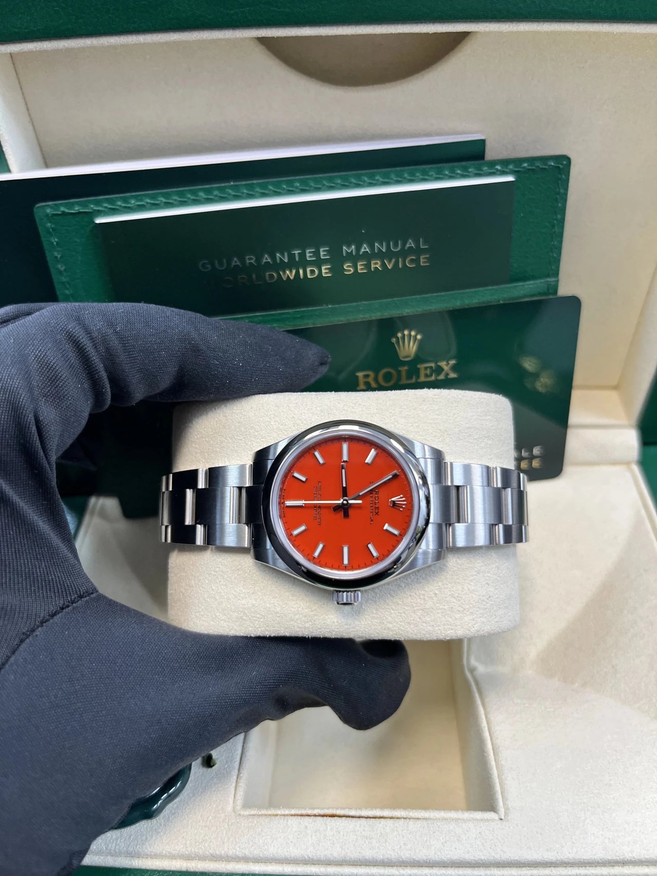 Rolex Oyster Perpetual 31 Oystersteel Coral Red Dial Domed Bezel (Ref 277200) - WatchesOff5thWatch