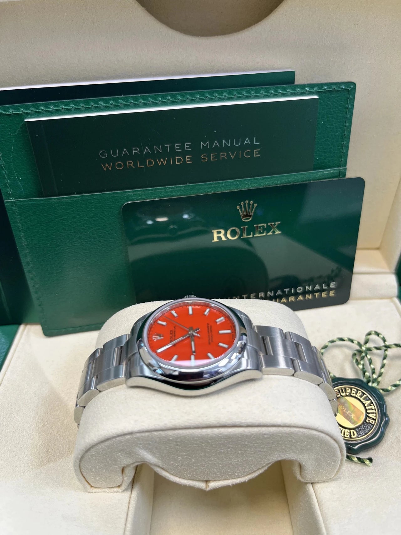 Rolex Oyster Perpetual 31 Oystersteel Coral Red Dial Domed Bezel (Ref 277200) - WatchesOff5thWatch
