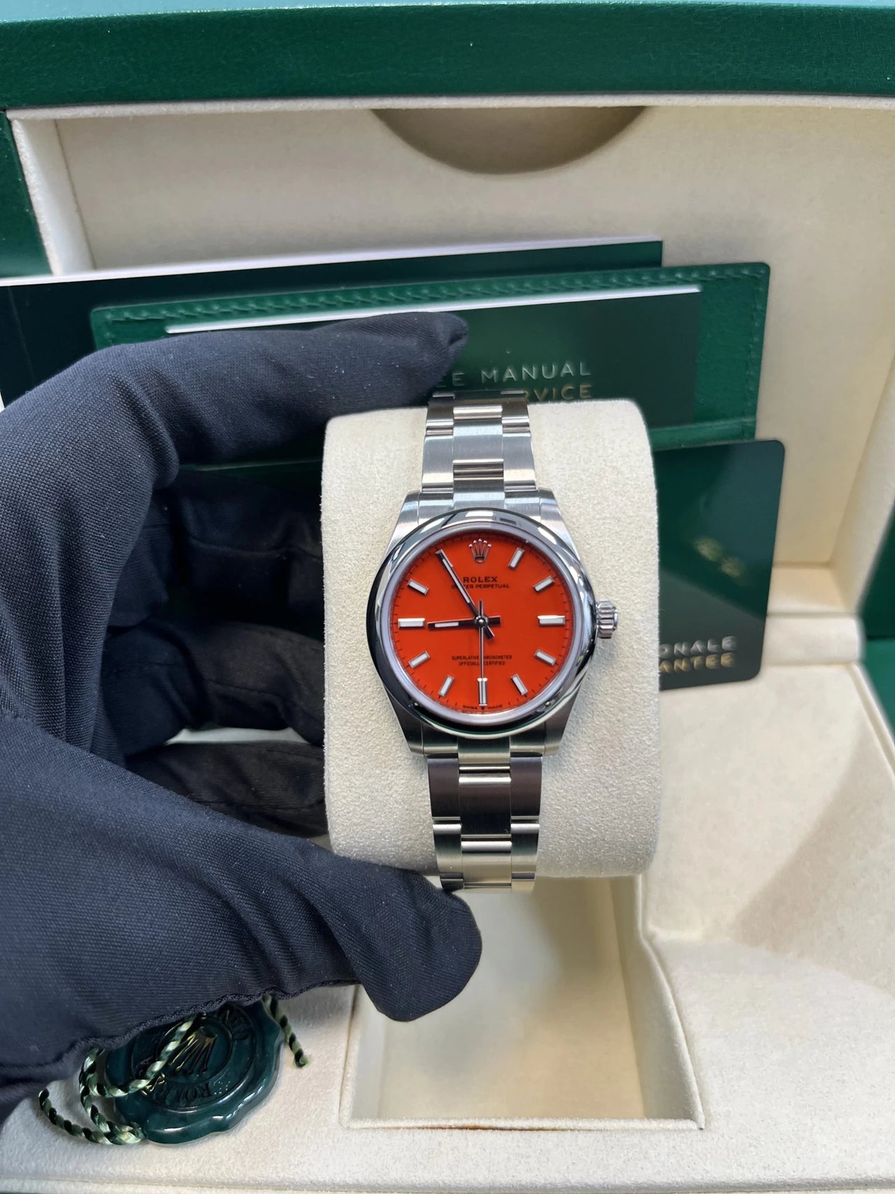 Rolex Oyster Perpetual 31 Oystersteel Coral Red Dial Domed Bezel (Ref 277200) - WatchesOff5thWatch