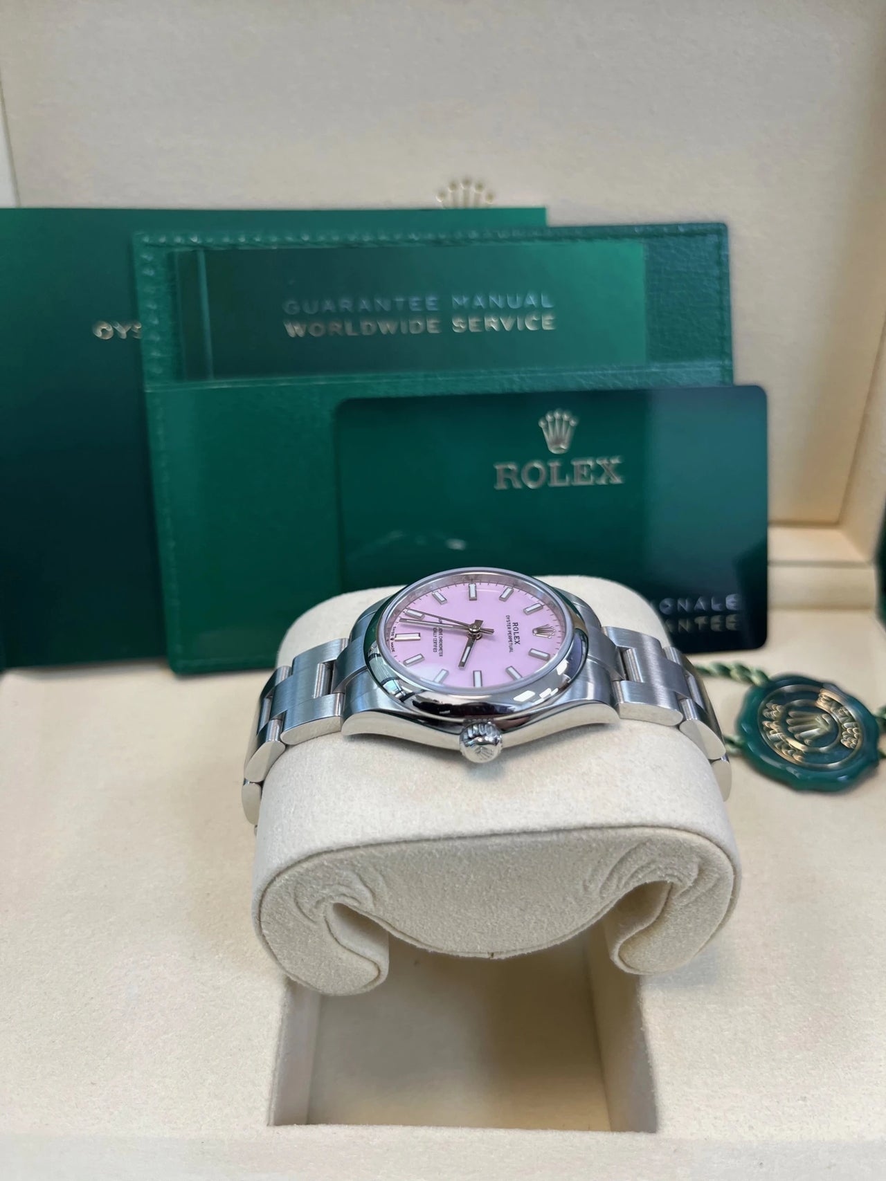 Rolex Oyster Perpetual 31mm Oystersteel Candy Pink Dial Domed Bezel Oyster Bracelet (Ref 277200) - WatchesOff5thWatch