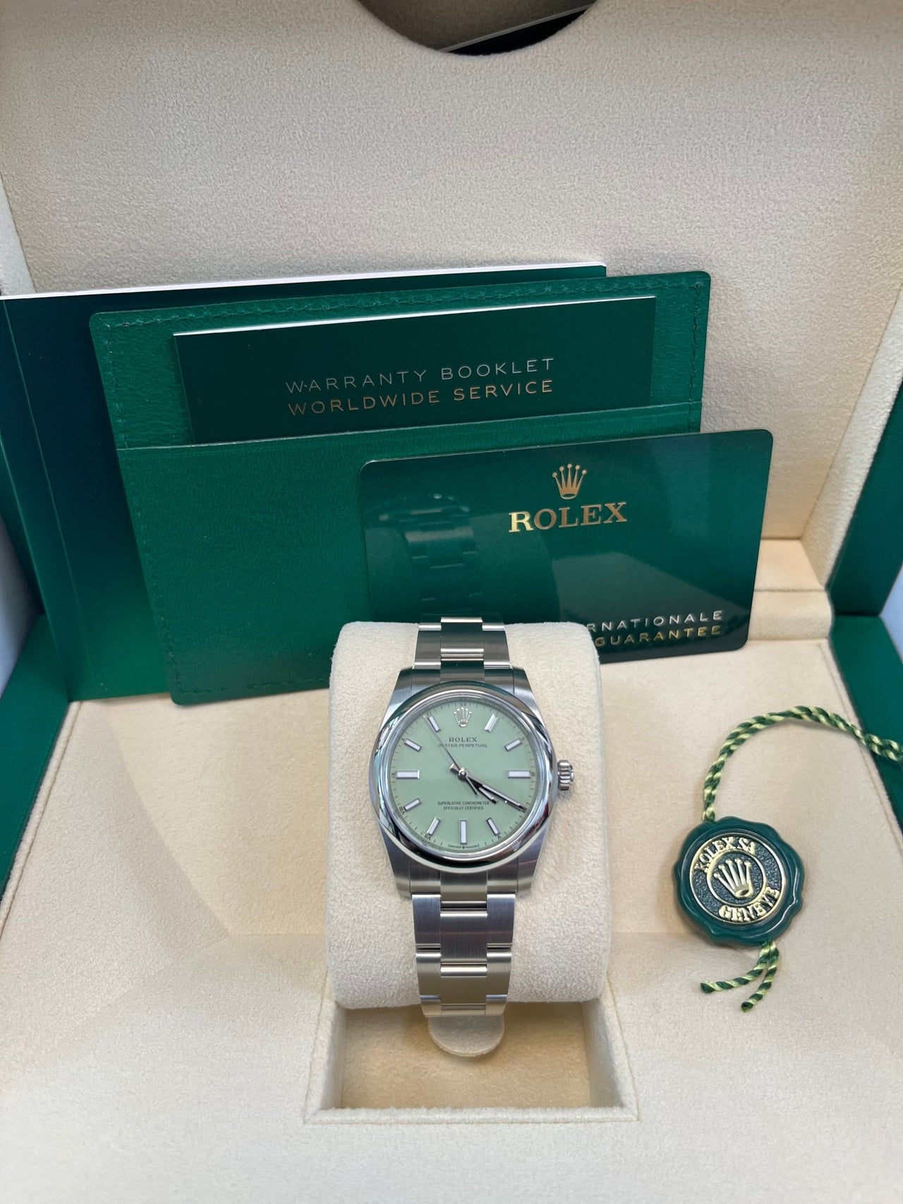 Rolex Oyster Perpetual 34 mm Pistachio Dial 124200 - WatchesOff5th