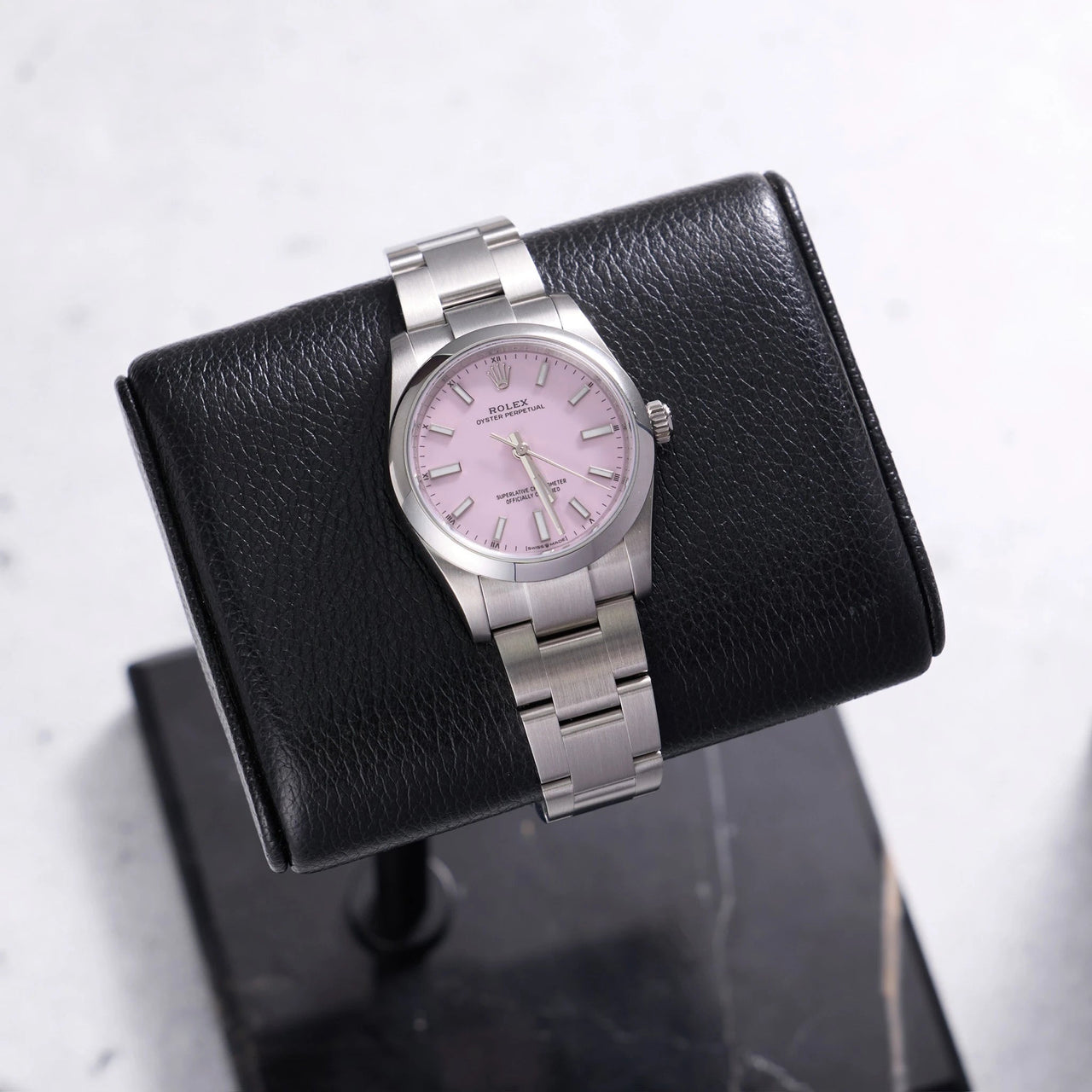Rolex Oyster Perpetual 34mm Oystersteel Candy Pink Dial Smooth Bezel Oyster Bracelet (Ref 124200-0009) - WatchesOff5thWatch