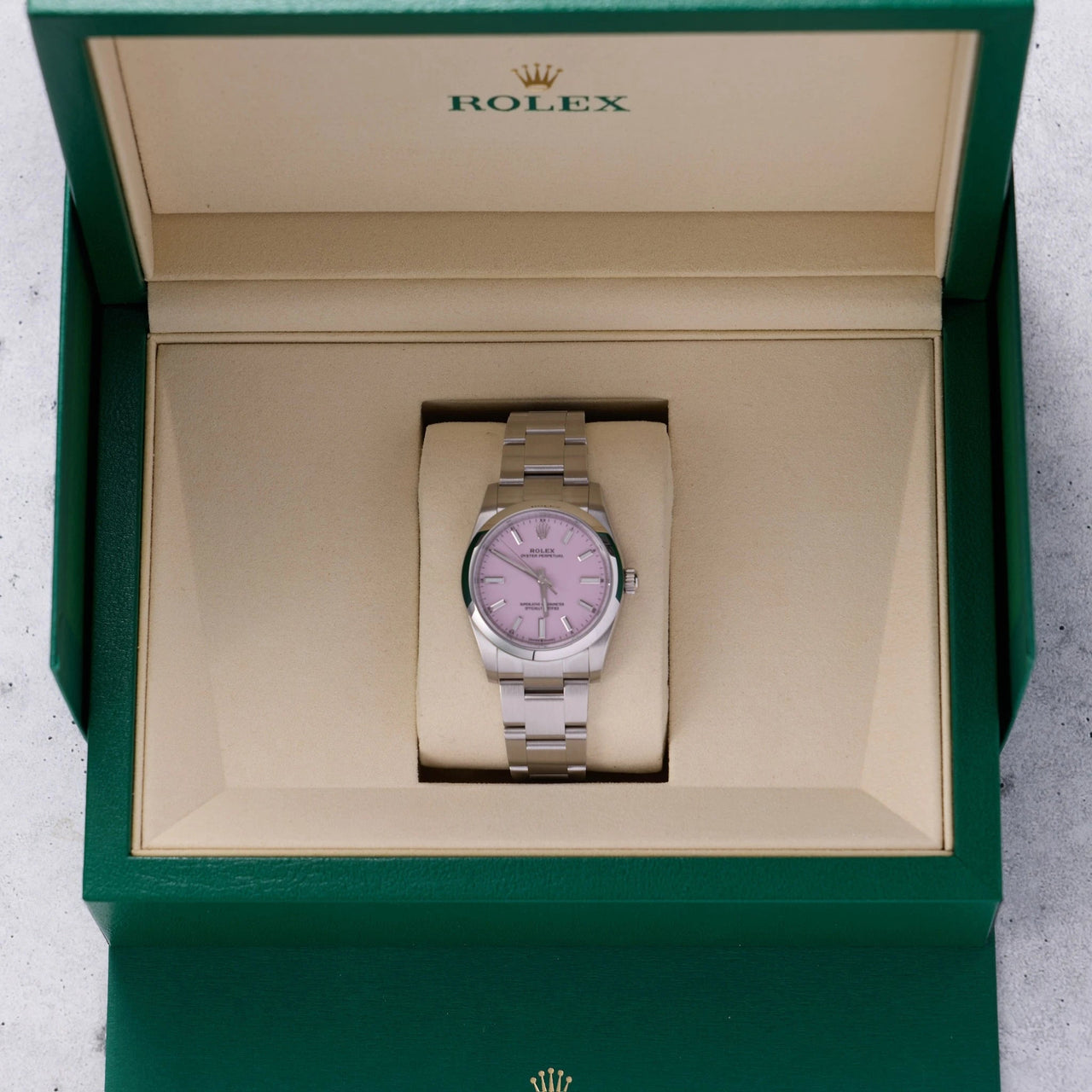 Rolex Oyster Perpetual 34mm Oystersteel Candy Pink Dial Smooth Bezel Oyster Bracelet (Ref 124200-0009) - WatchesOff5thWatch