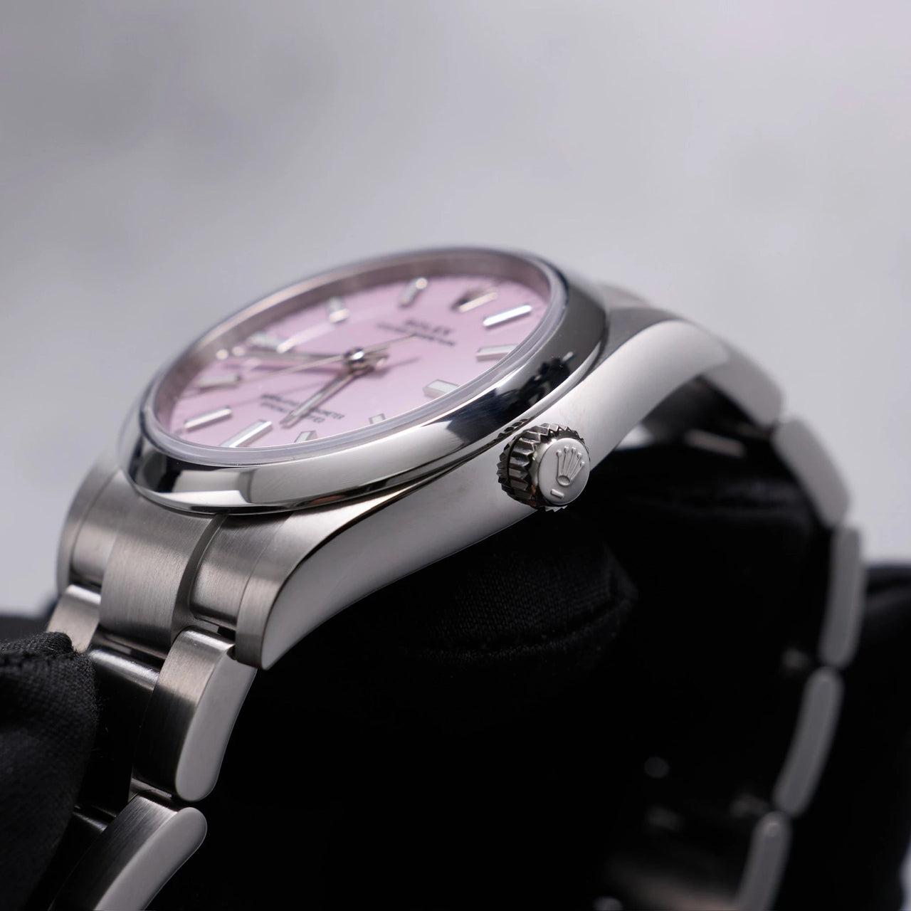 Rolex Oyster Perpetual 34mm Oystersteel Candy Pink Dial Smooth Bezel Oyster Bracelet (Ref 124200-0009) - WatchesOff5thWatch