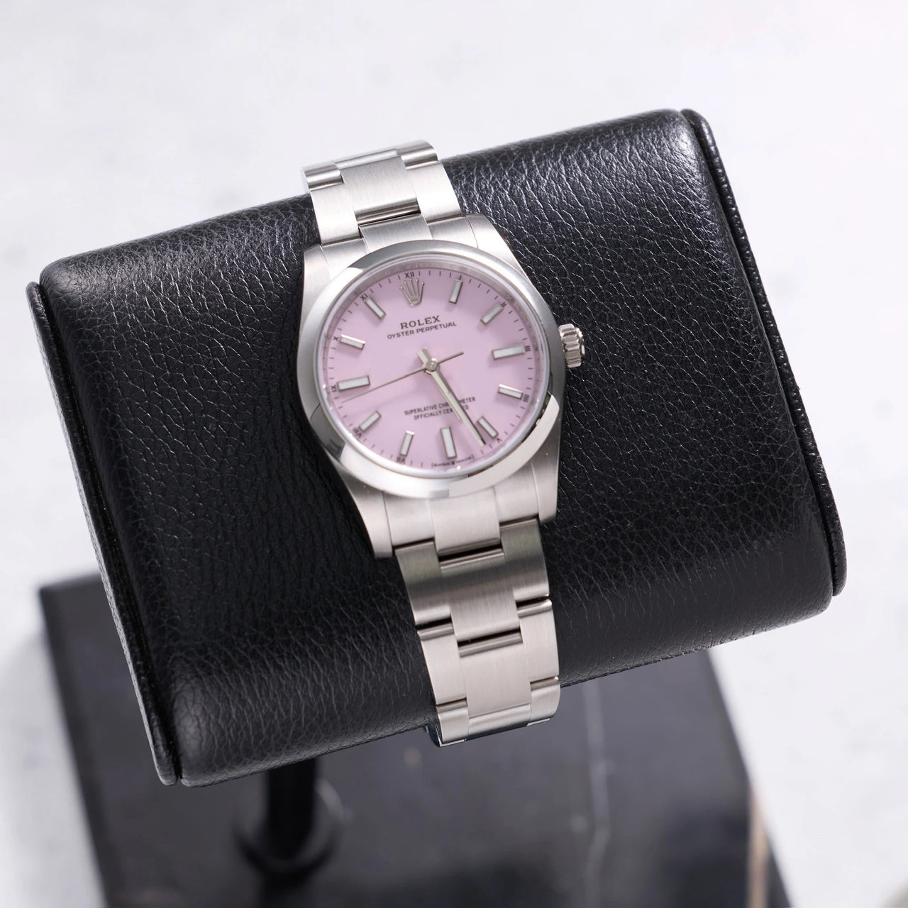 Rolex Oyster Perpetual 34mm Oystersteel Candy Pink Dial Smooth Bezel Oyster Bracelet (Ref 124200-0009) - WatchesOff5thWatch