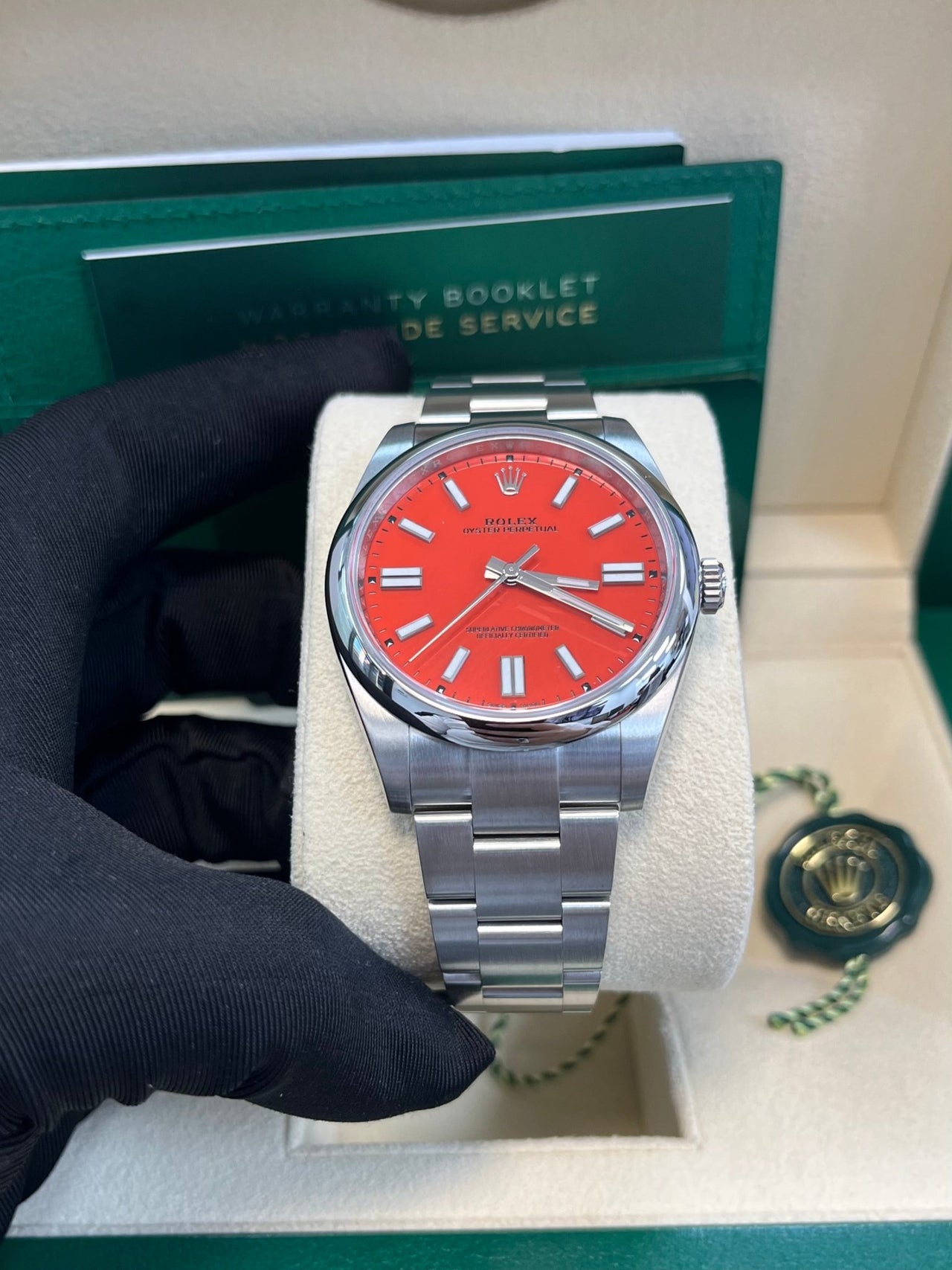 Rolex Oyster Perpetual 41 Red Dial Oyster Bracelet 124300 - WatchesOff5thWatch