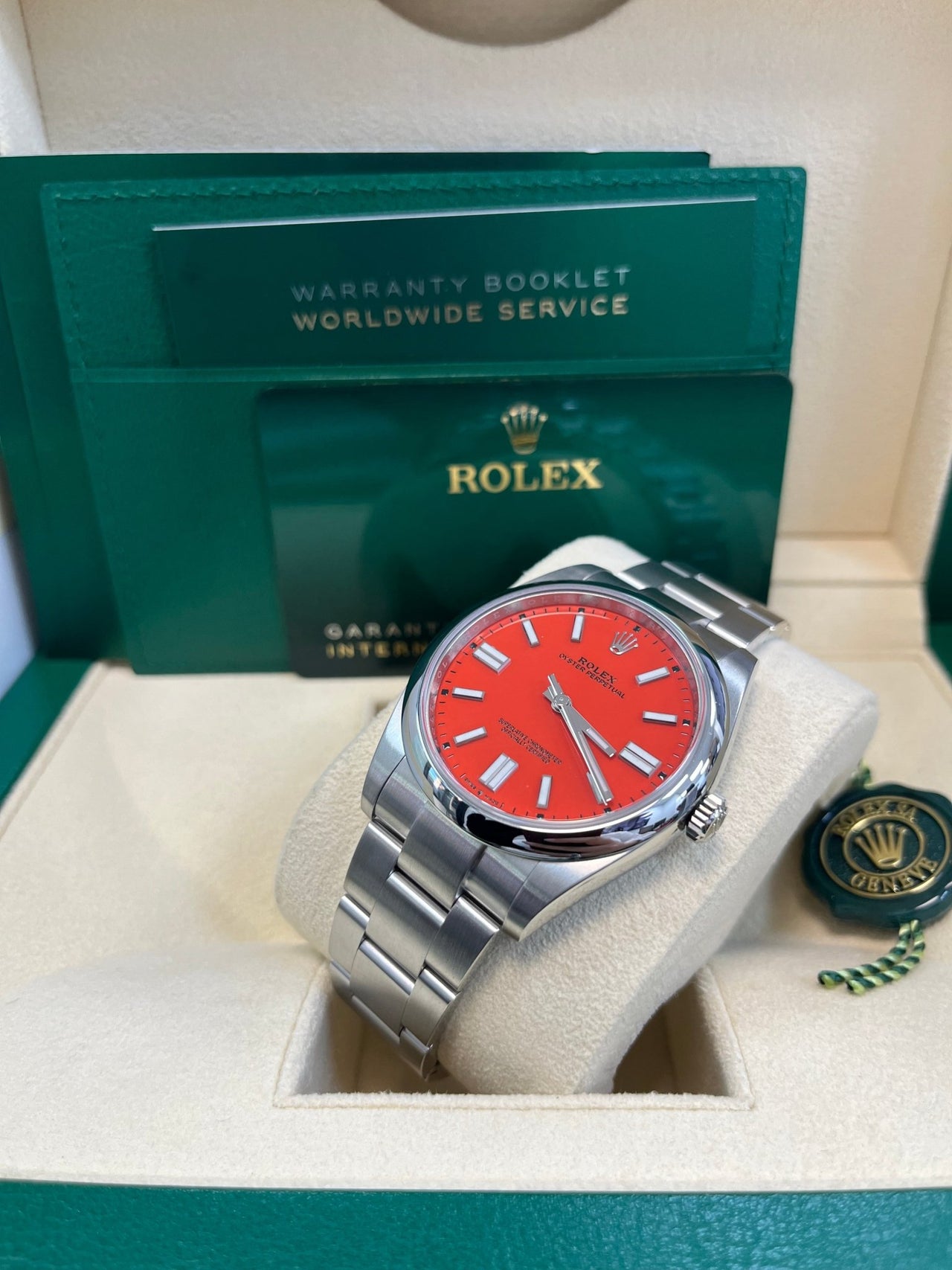 Rolex Oyster Perpetual 41 Red Dial Oyster Bracelet 124300 - WatchesOff5thWatch