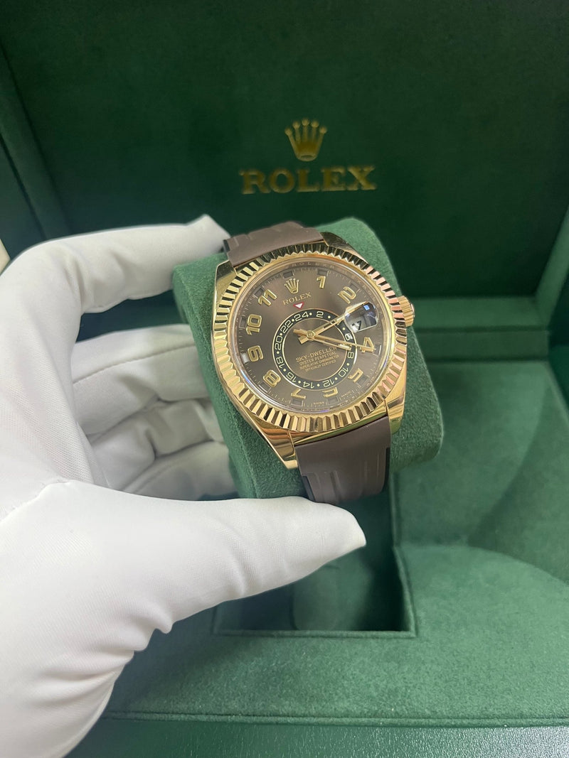Rolex Sky-Dweller 18k Rose Gold Chocolate Arabic Dial Leather Band 326135 - WatchesOff5th