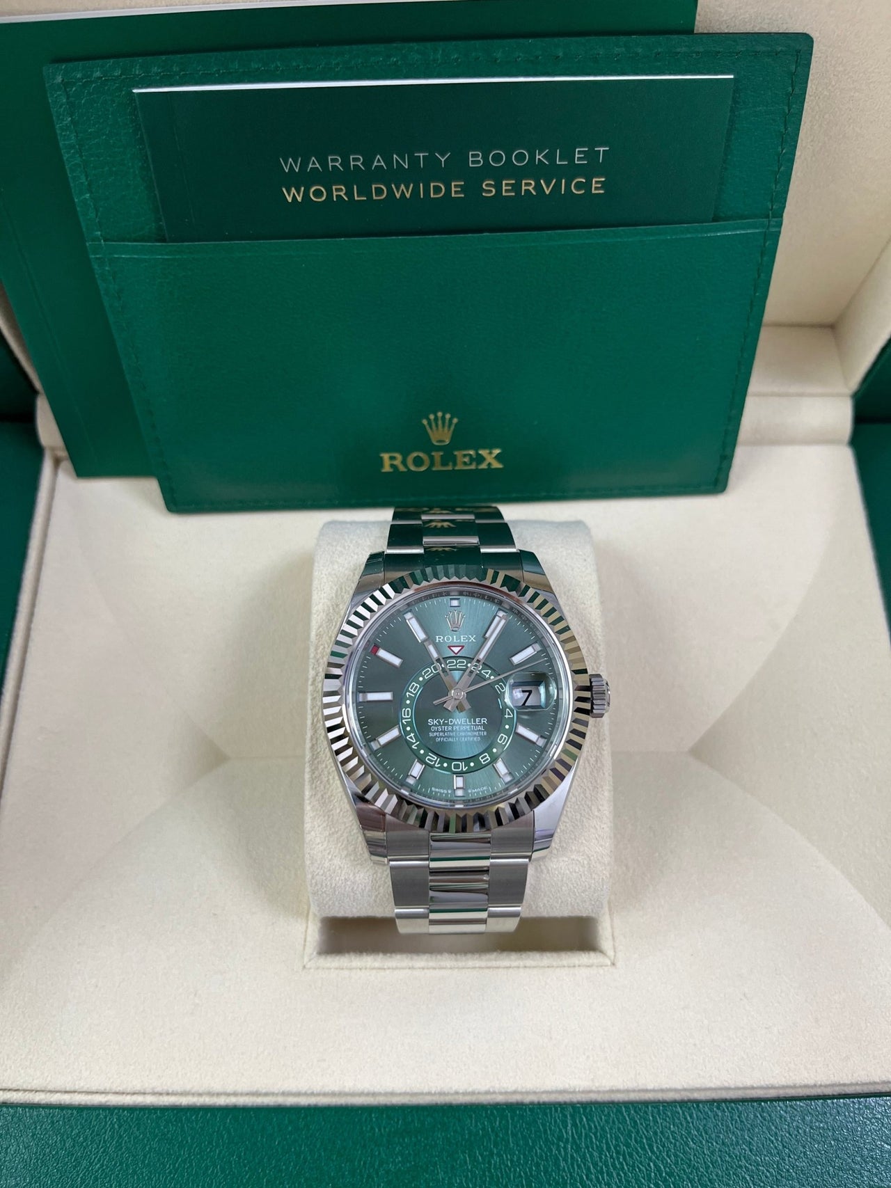 Rolex Sky-Dweller 42 mm Oystersteel and White Gold Green Dial Sky Dweller 336934 - WatchesOff5thWatch