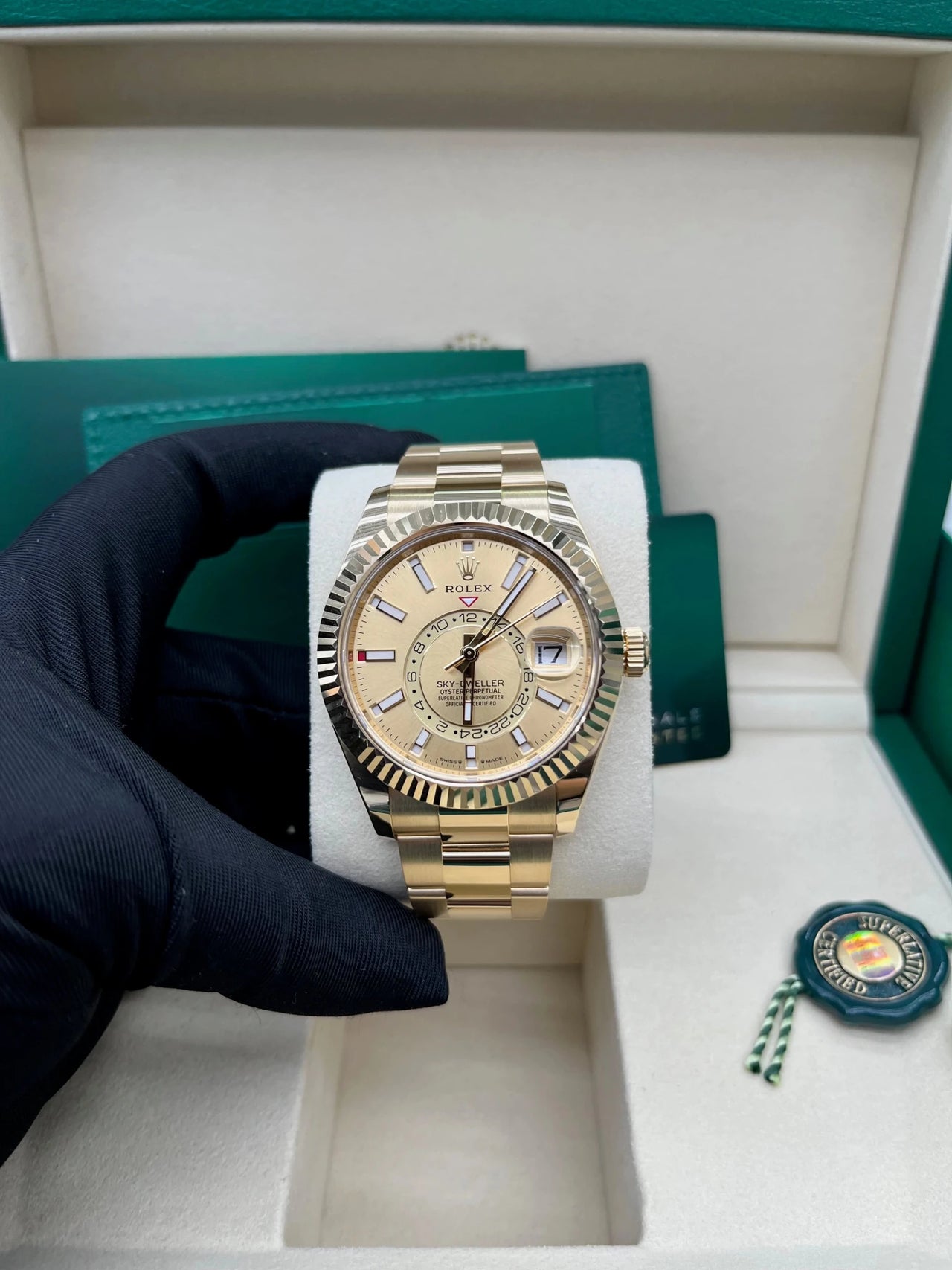 Rolex Sky - Dweller 42mm 18K Yellow Gold Champagne Dial Fluted Bezel Oyster Bracelet (Ref 336938) - WatchesOff5thWatch