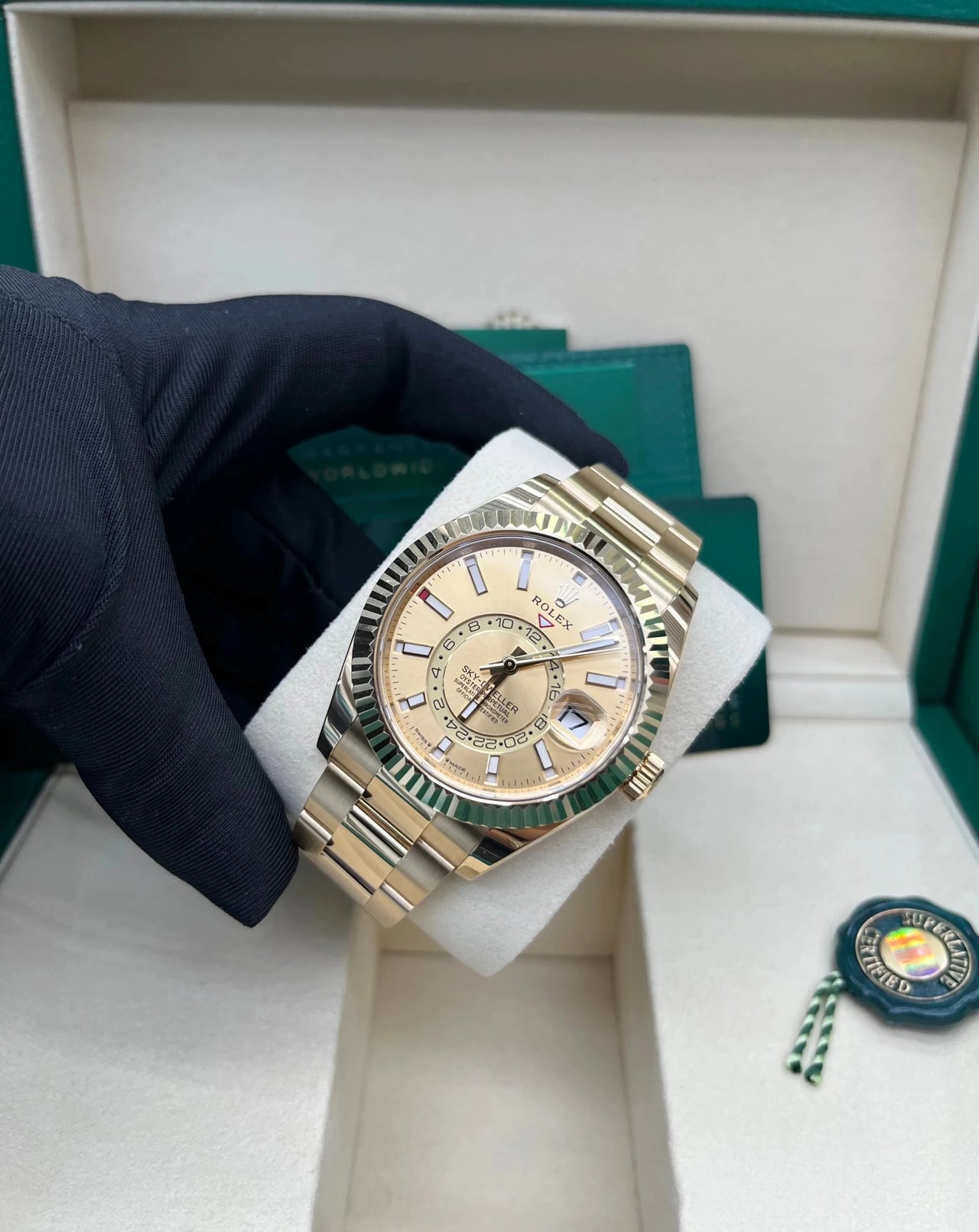Rolex Sky - Dweller 42mm 18K Yellow Gold Champagne Dial Fluted Bezel Oyster Bracelet (Ref 336938) - WatchesOff5thWatch