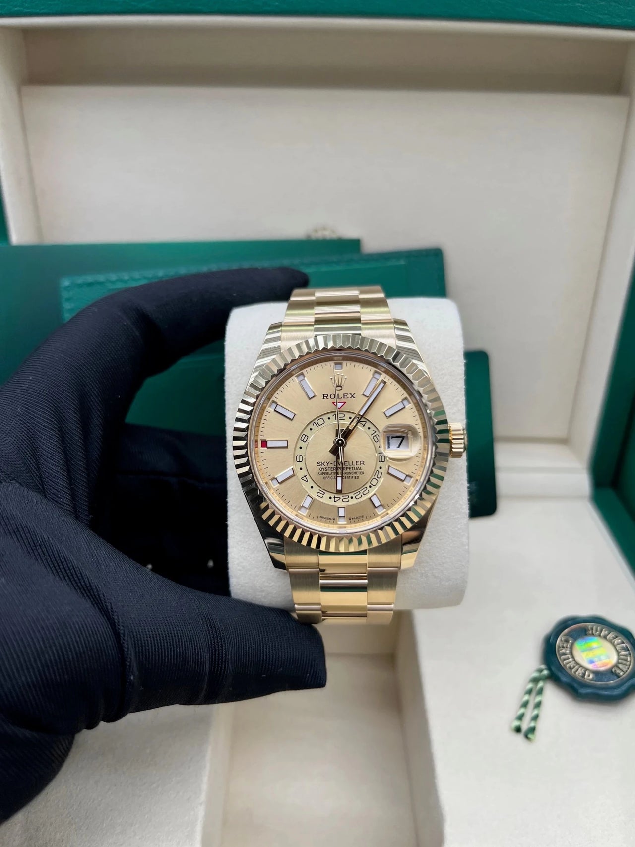 Rolex Sky - Dweller 42mm 18K Yellow Gold Champagne Dial Fluted Bezel Oyster Bracelet (Ref 336938) - WatchesOff5thWatch