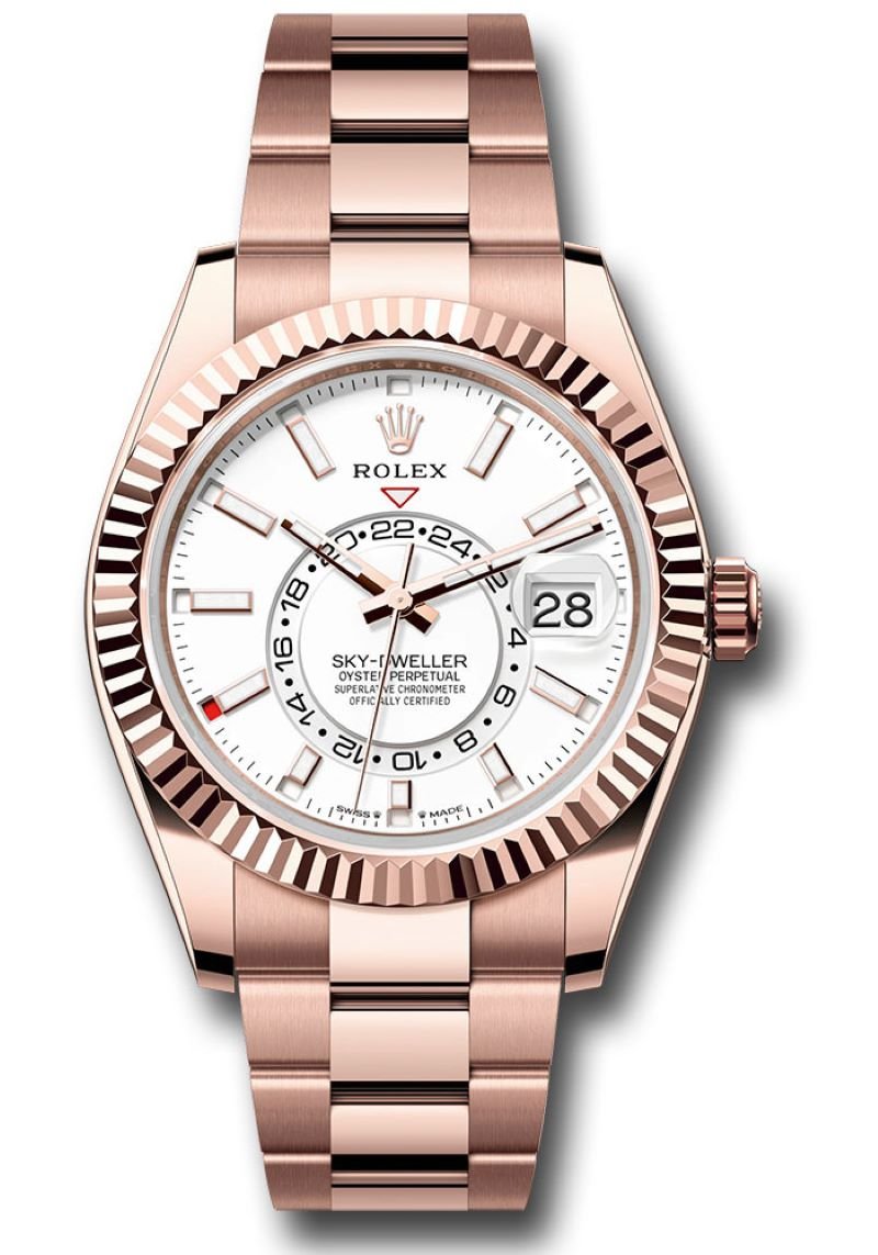 Rolex Sky-Dweller Everose Gold Fluted Bezel White Index Dial Oyster Bracelet 336935 - WatchesOff5thWatch