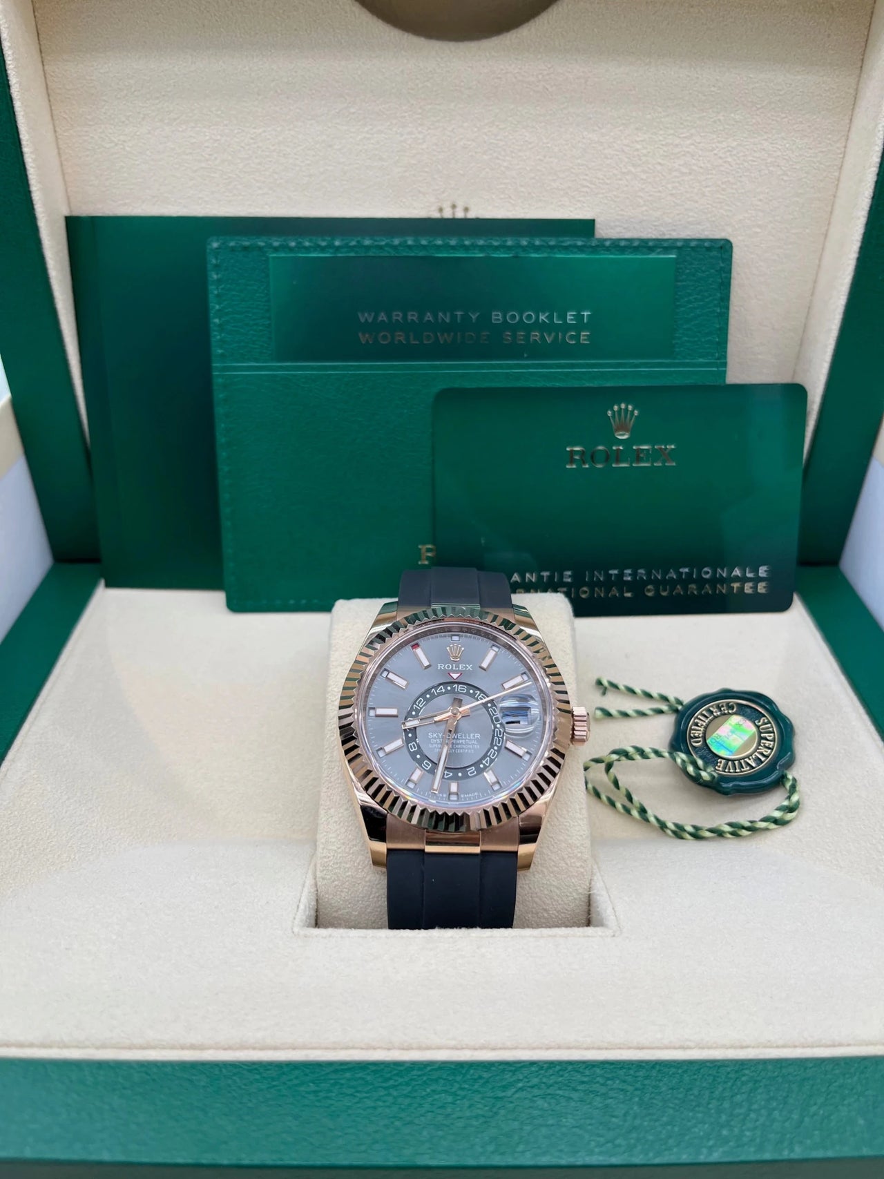 Rolex Sky - Dweller Rose Gold Slate Dial Oysterflex 336235 - WatchesOff5th