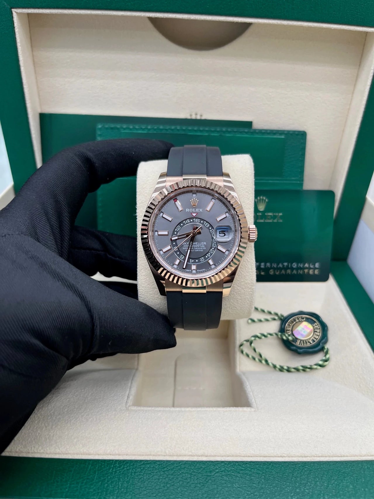 Rolex Sky - Dweller Rose Gold Slate Dial Oysterflex 336235 - WatchesOff5th