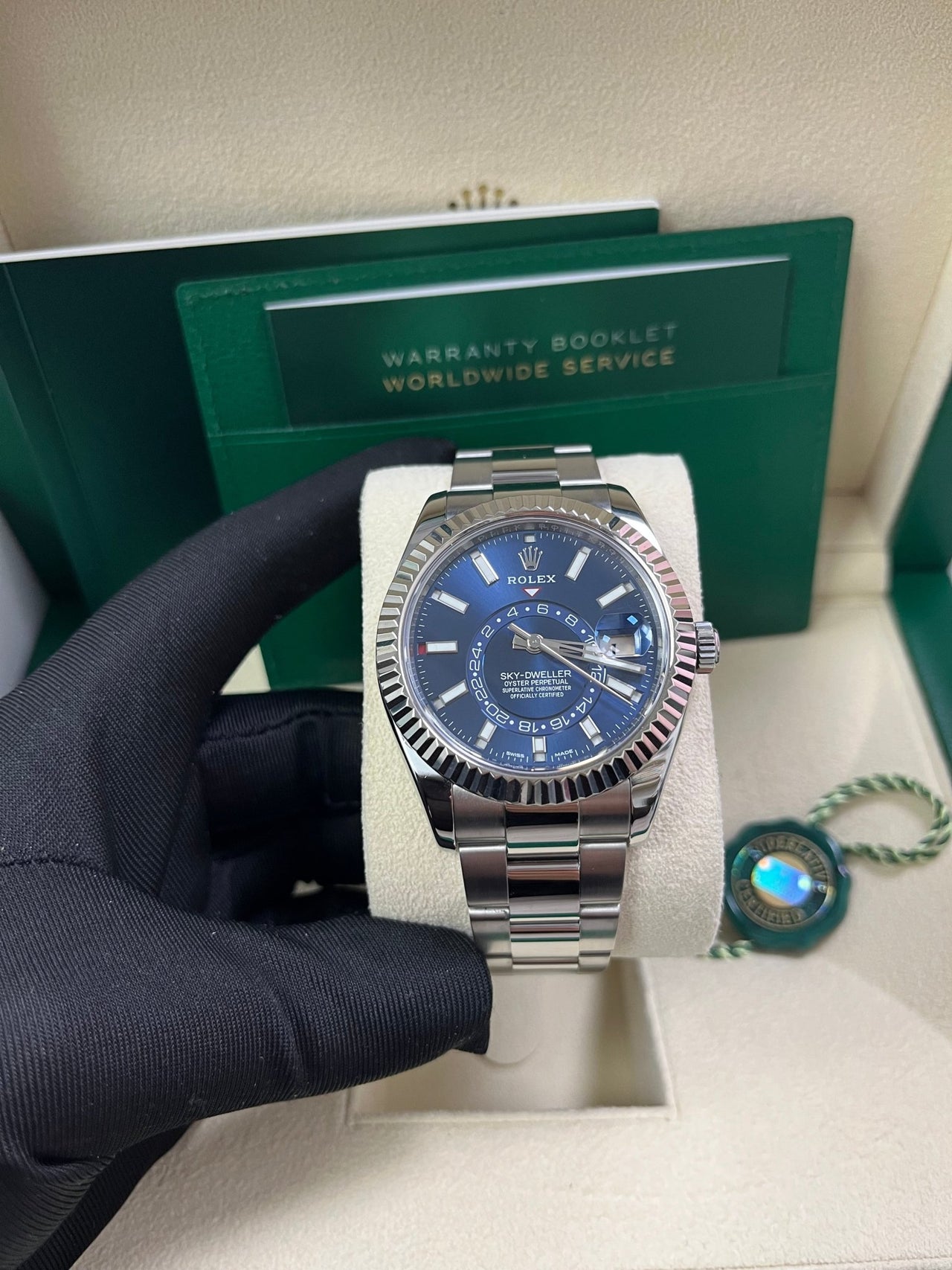 Rolex Sky - Dweller White Rolesor - Blue Index Dial - Oyster Bracelet (Ref# 326934) - WatchesOff5thWatch