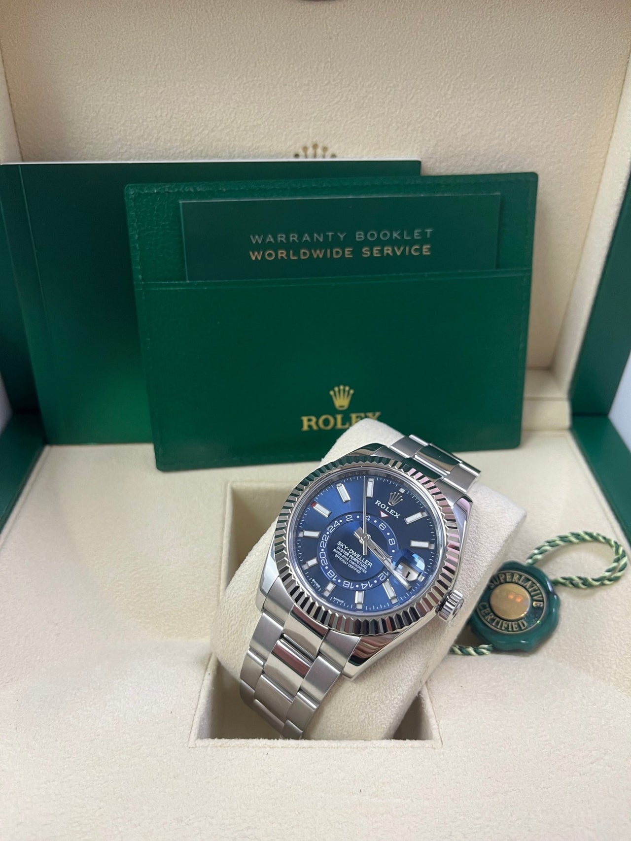 Rolex Sky - Dweller White Rolesor - Blue Index Dial - Oyster Bracelet (Ref# 326934) - WatchesOff5thWatch