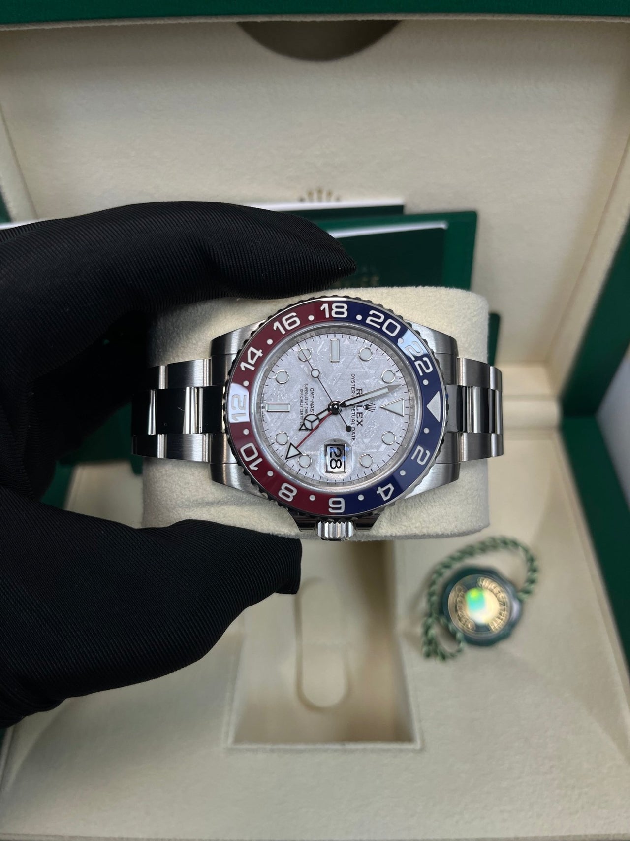 Rolex White Gold GMT - Master II 40 Watch - Blue and Red Pepsi Bezel - Meteorite Dial - Oyster Bracelet (Ref # 126719BLRO ) - WatchesOff5thWatch