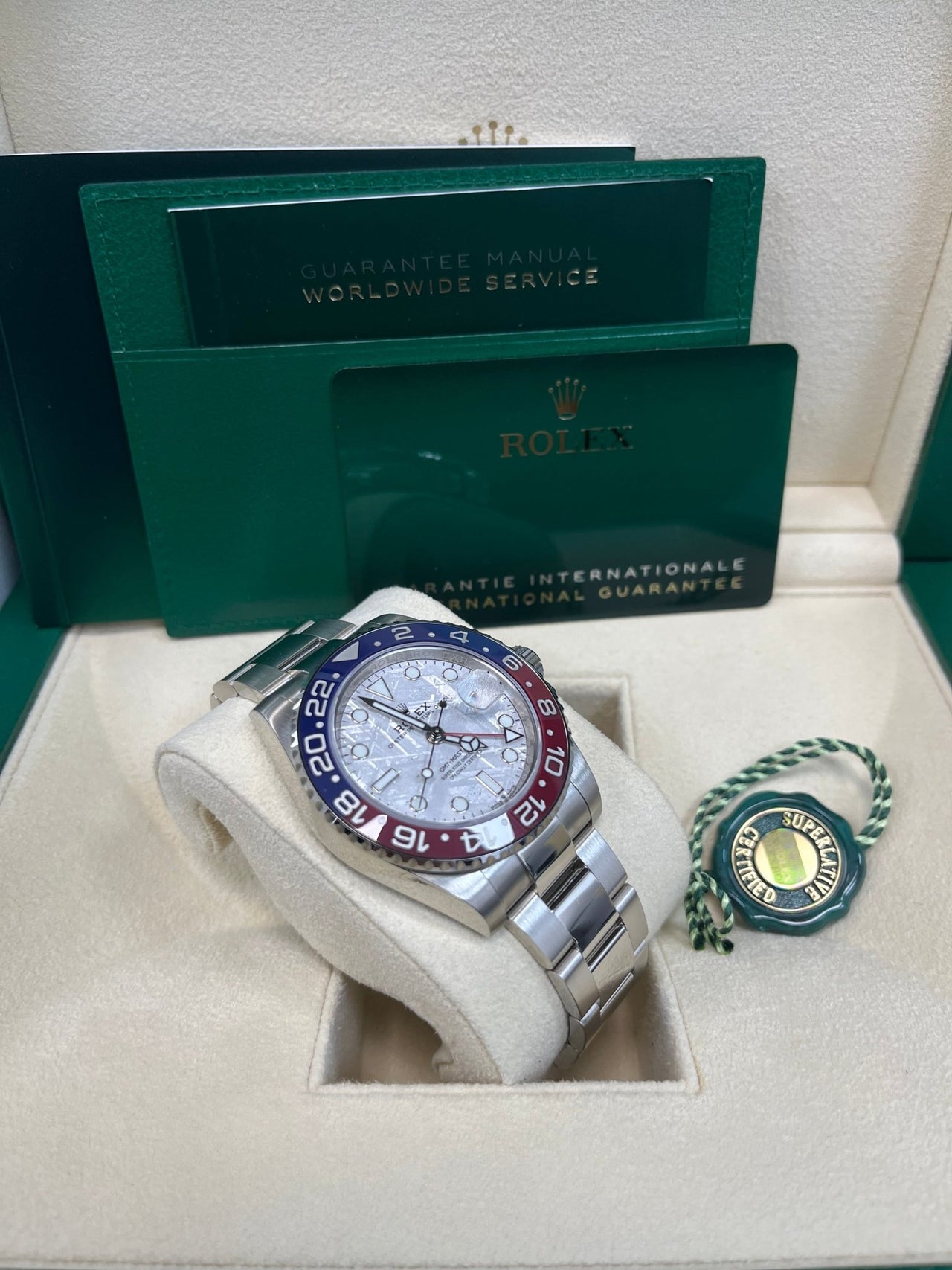 Rolex White Gold GMT - Master II 40 Watch - Blue and Red Pepsi Bezel - Meteorite Dial - Oyster Bracelet (Ref # 126719BLRO ) - WatchesOff5thWatch