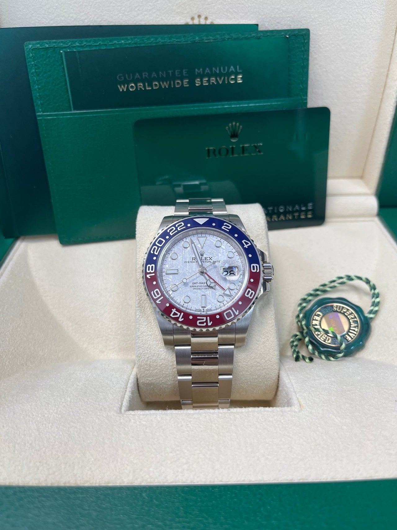 Rolex White Gold GMT - Master II 40 Watch - Blue and Red Pepsi Bezel - Meteorite Dial - Oyster Bracelet (Ref # 126719BLRO ) - WatchesOff5thWatch