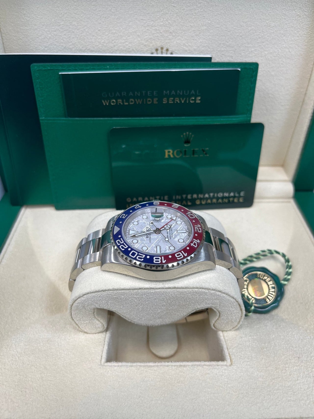 Rolex White Gold GMT - Master II 40 Watch - Blue and Red Pepsi Bezel - Meteorite Dial - Oyster Bracelet (Ref # 126719BLRO ) - WatchesOff5thWatch