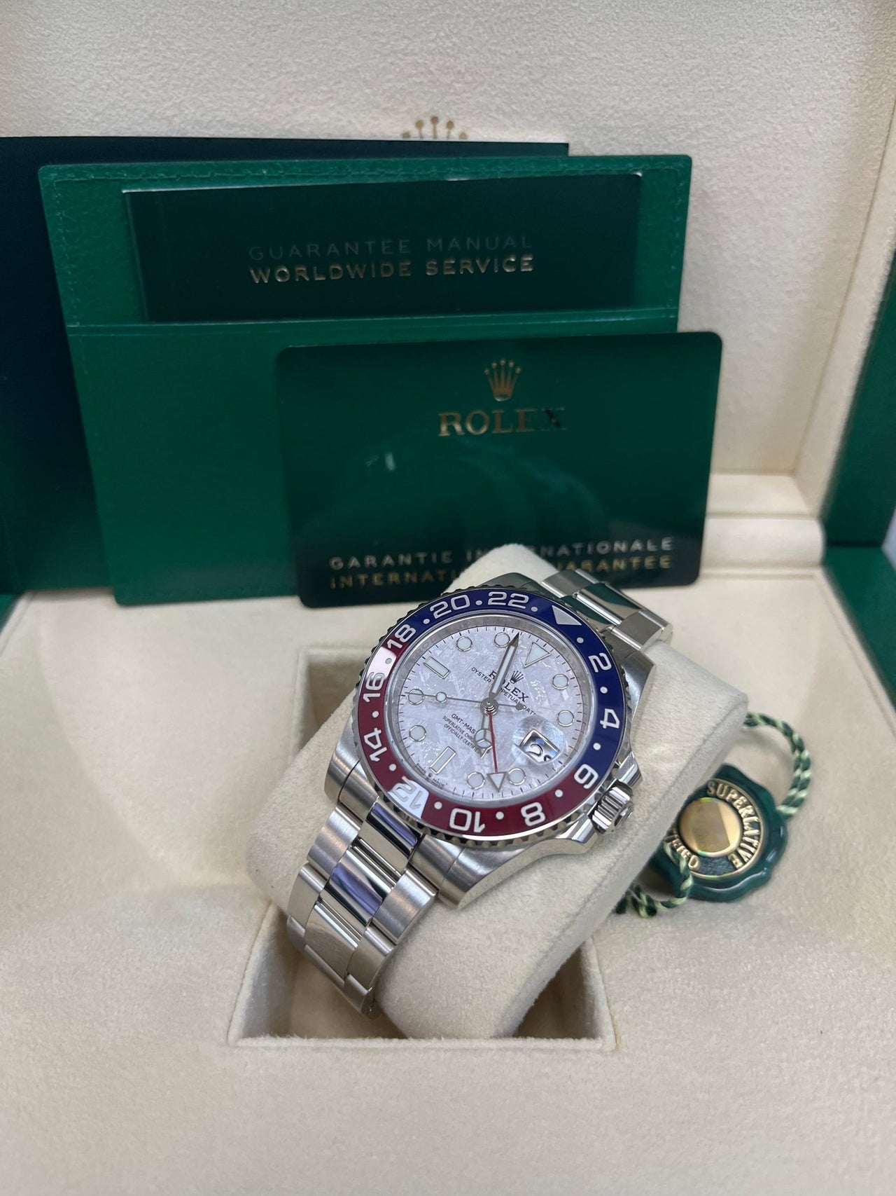 Rolex White Gold GMT - Master II 40 Watch - Blue and Red Pepsi Bezel - Meteorite Dial - Oyster Bracelet (Ref # 126719BLRO ) - WatchesOff5thWatch