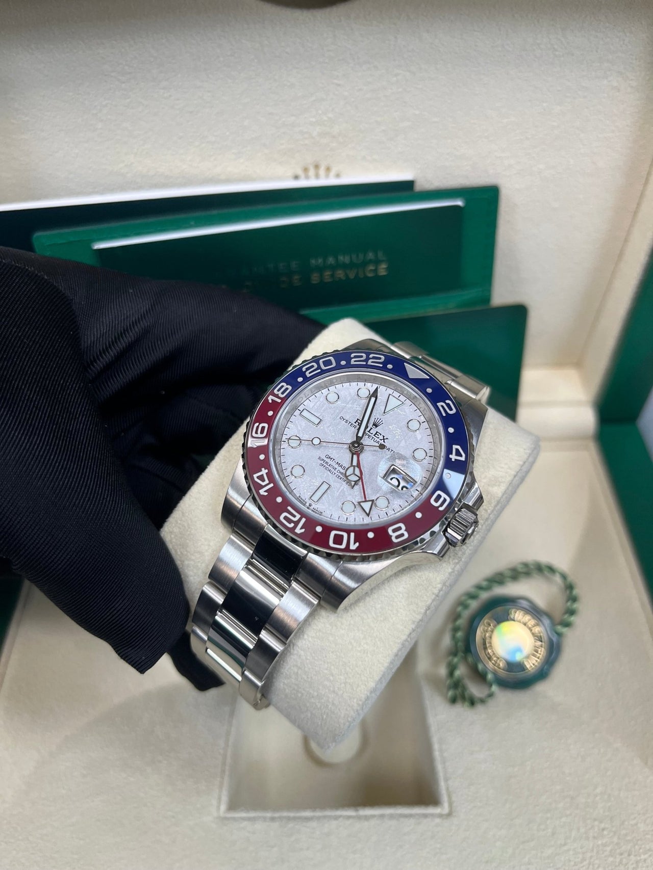 Rolex White Gold GMT - Master II 40 Watch - Blue and Red Pepsi Bezel - Meteorite Dial - Oyster Bracelet (Ref # 126719BLRO ) - WatchesOff5thWatch