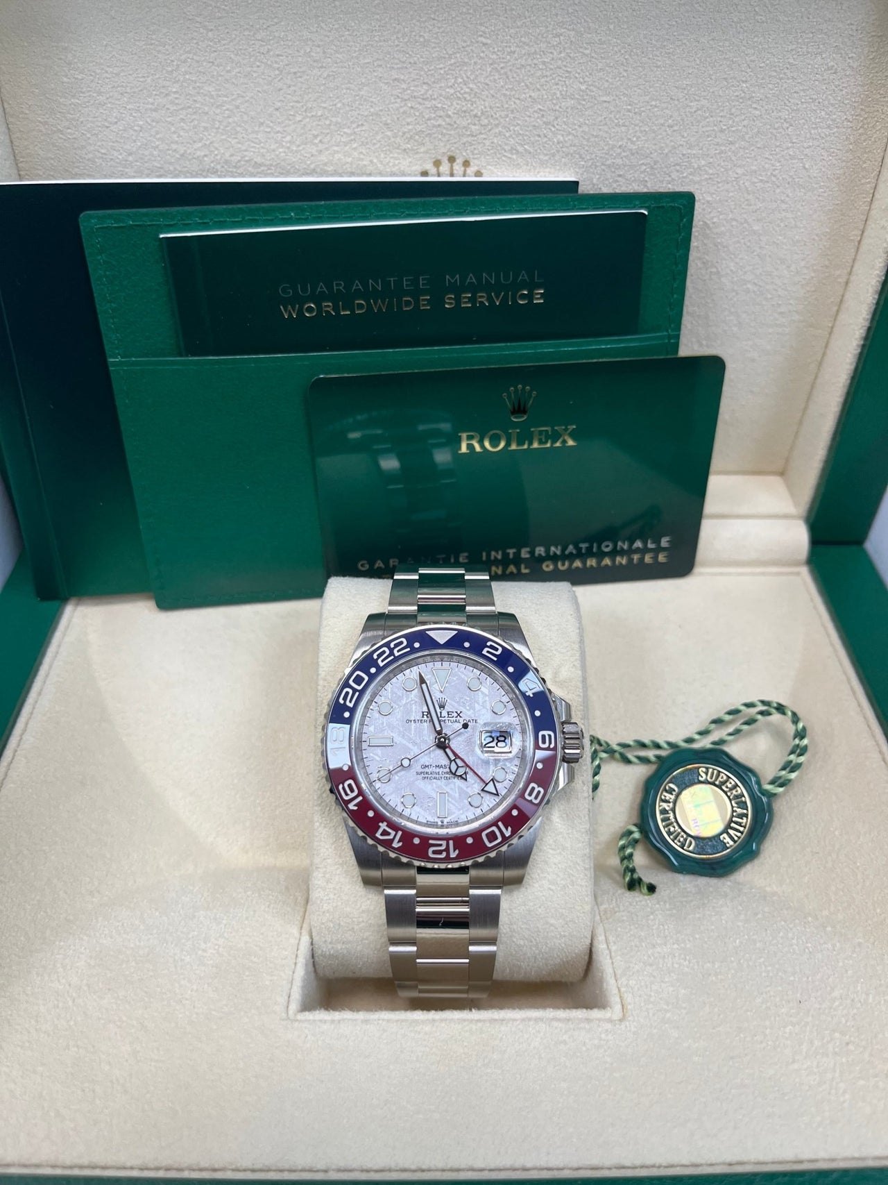 Rolex White Gold GMT - Master II 40 Watch - Blue and Red Pepsi Bezel - Meteorite Dial - Oyster Bracelet (Ref # 126719BLRO ) - WatchesOff5thWatch