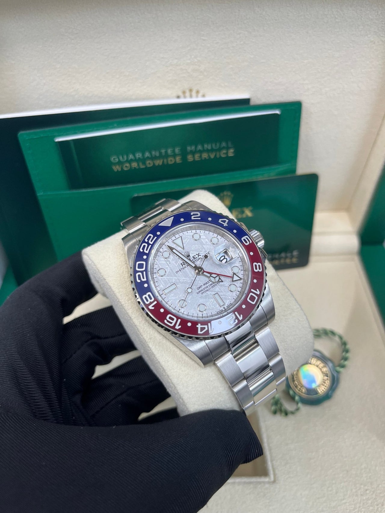 Rolex White Gold GMT - Master II 40 Watch - Blue and Red Pepsi Bezel - Meteorite Dial - Oyster Bracelet (Ref # 126719BLRO ) - WatchesOff5thWatch