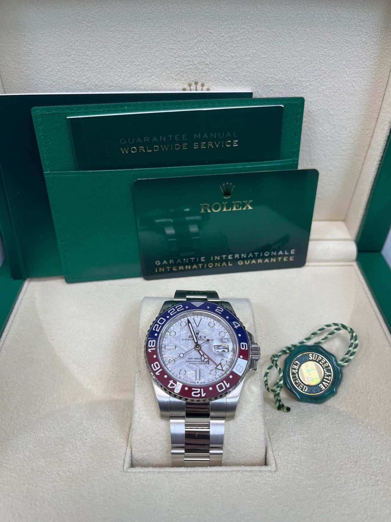 Rolex White Gold GMT - Master II 40 Watch - Blue and Red Pepsi Bezel - Meteorite Dial - Oyster Bracelet (Ref # 126719BLRO ) - WatchesOff5thWatch