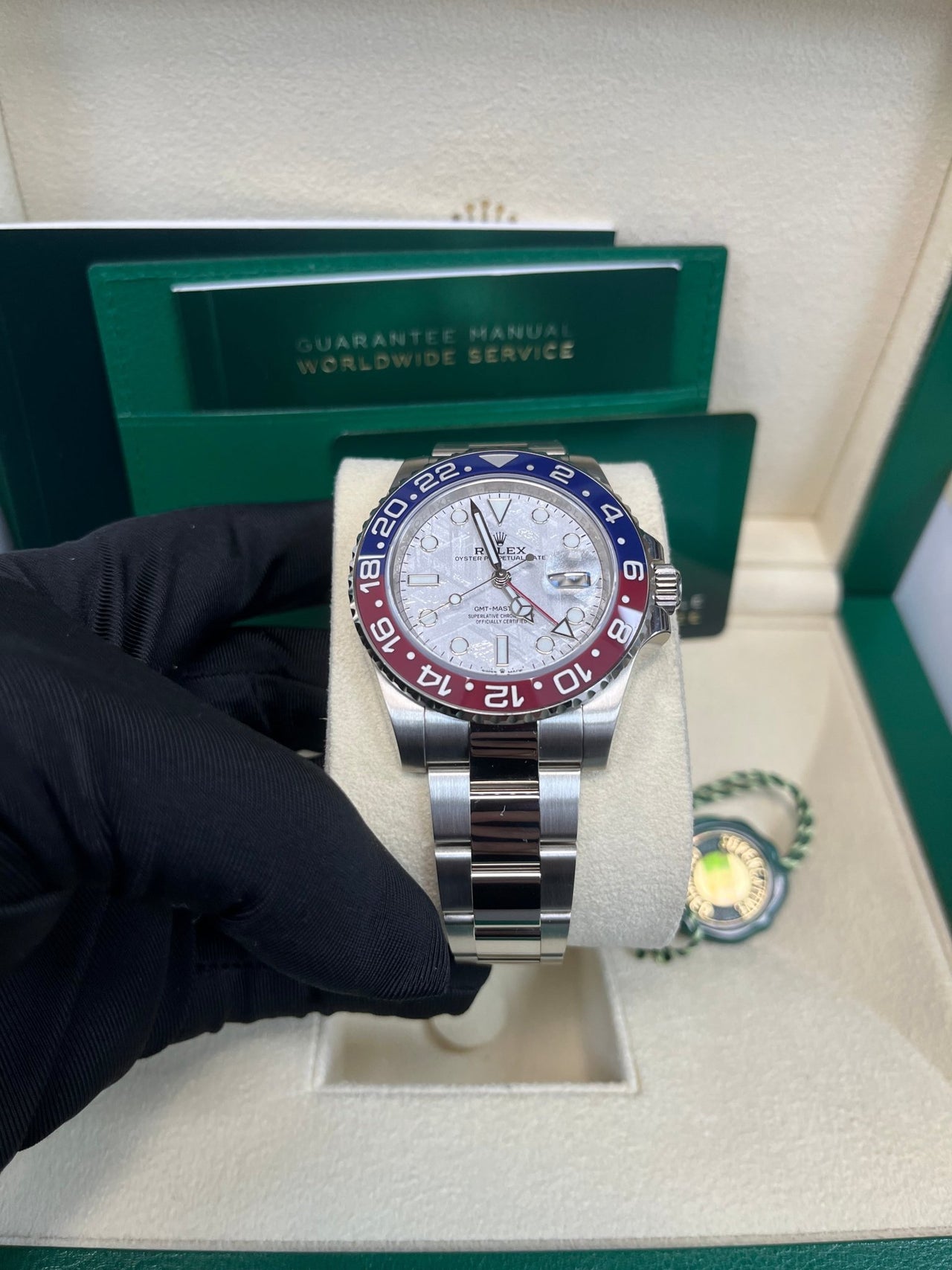 Rolex White Gold GMT - Master II 40 Watch - Blue and Red Pepsi Bezel - Meteorite Dial - Oyster Bracelet (Ref # 126719BLRO ) - WatchesOff5thWatch